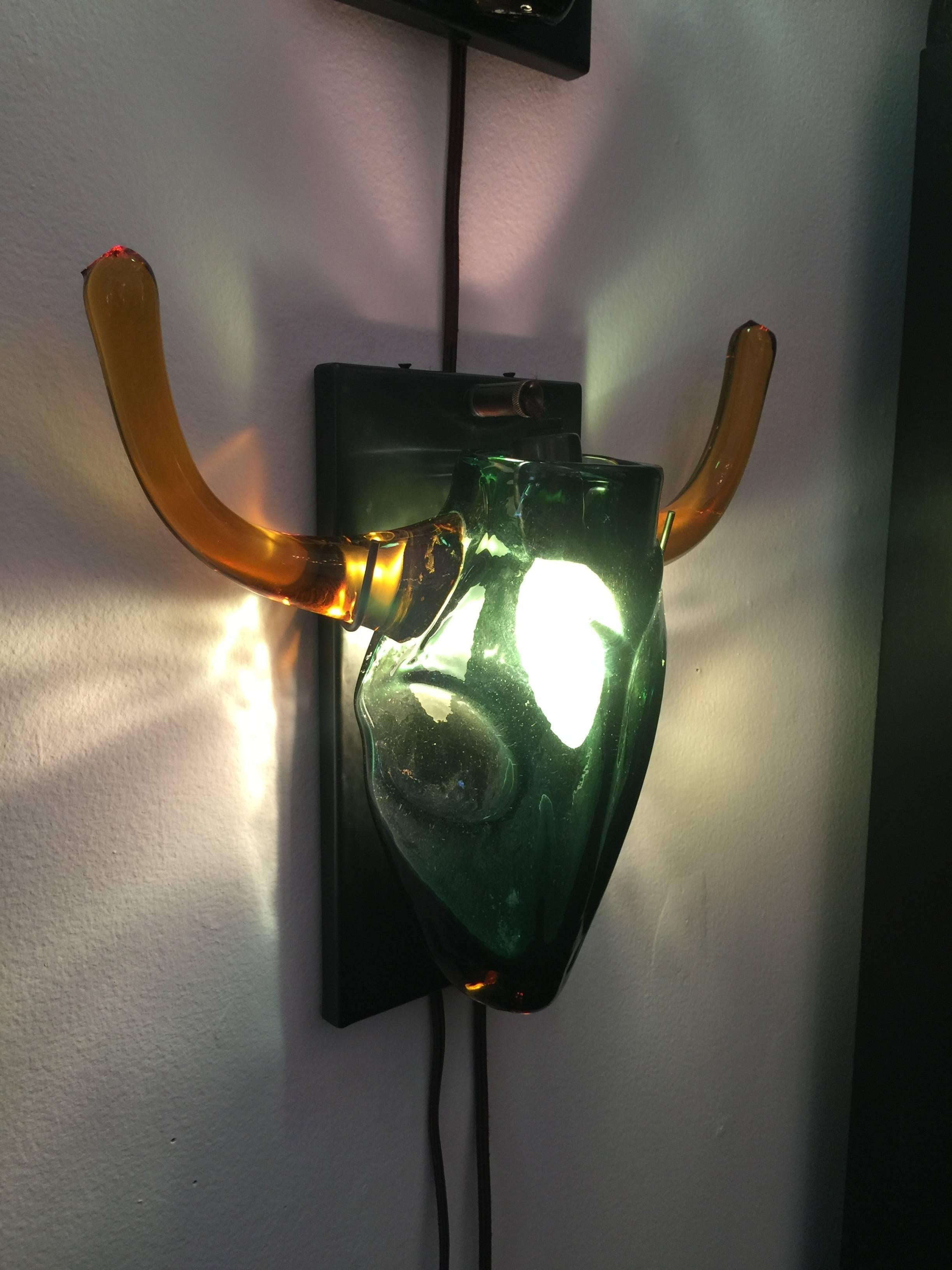 Italian Picasso Inspired Glass Steer Skull Head Wall Sconce For Sale