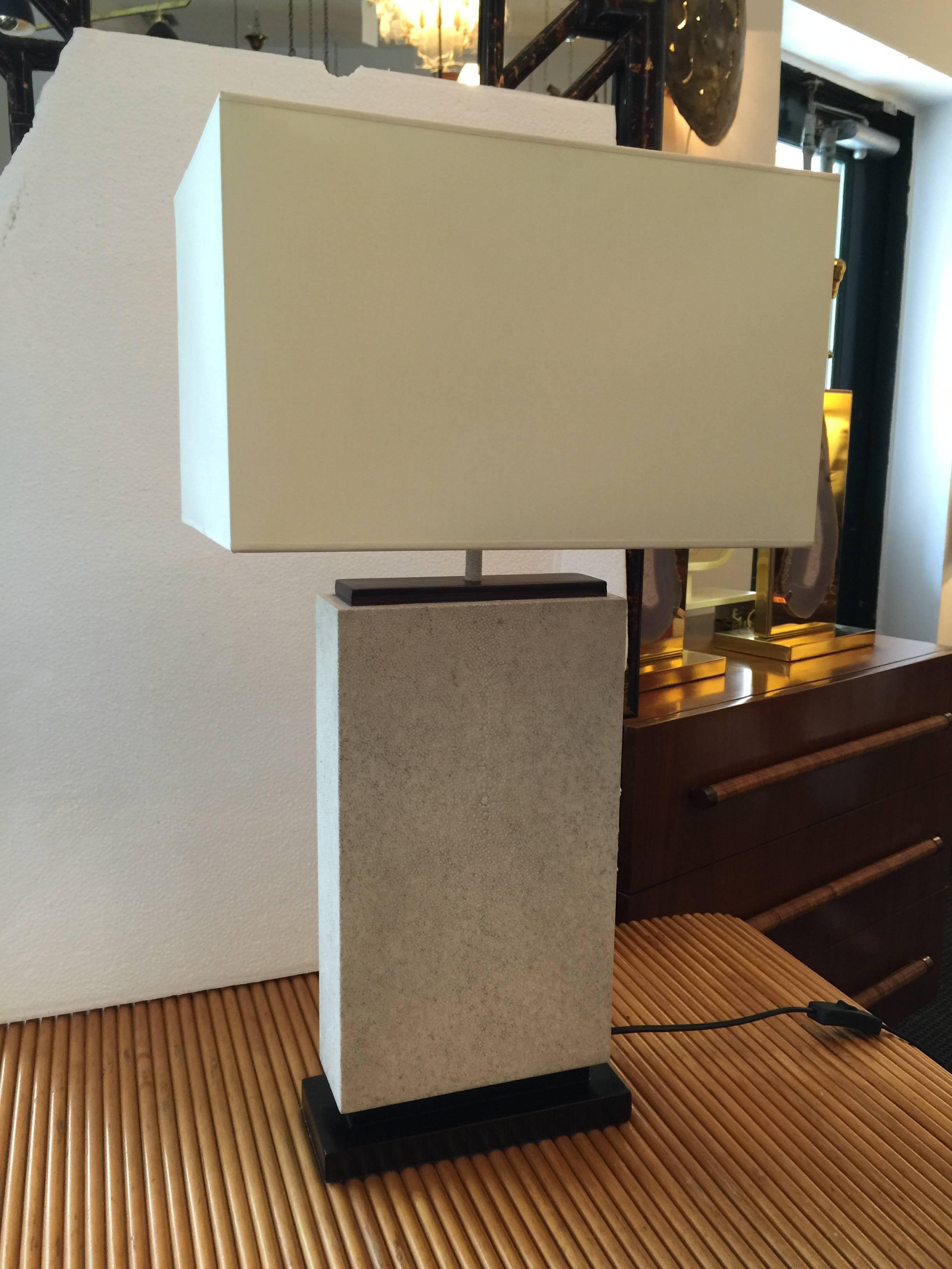 Large rectangular lamp exceptionally crafted in the style of Karl Springer. Parchment shade included (some wear).