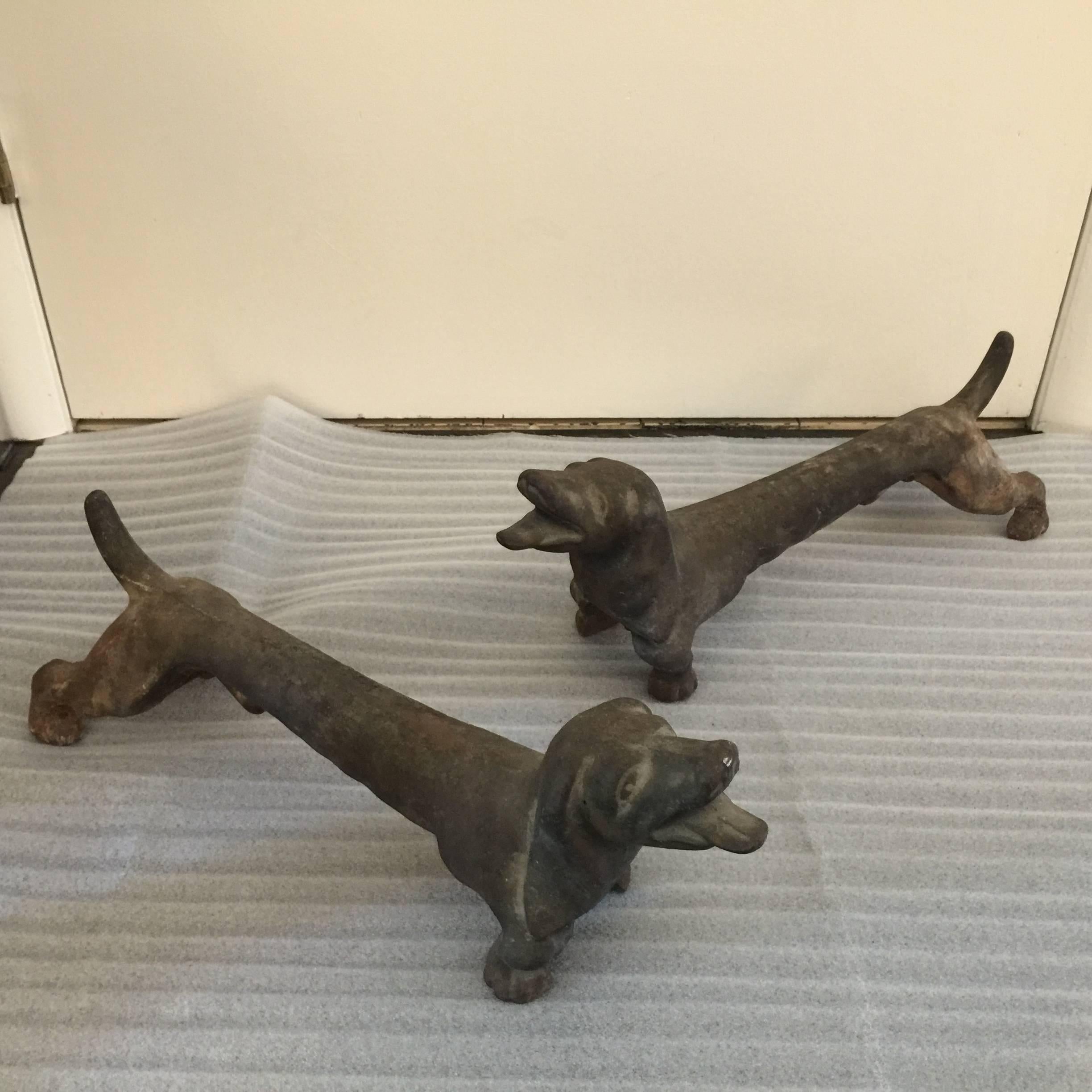American Pair of Antique Cast-Iron Dachshund Andirons