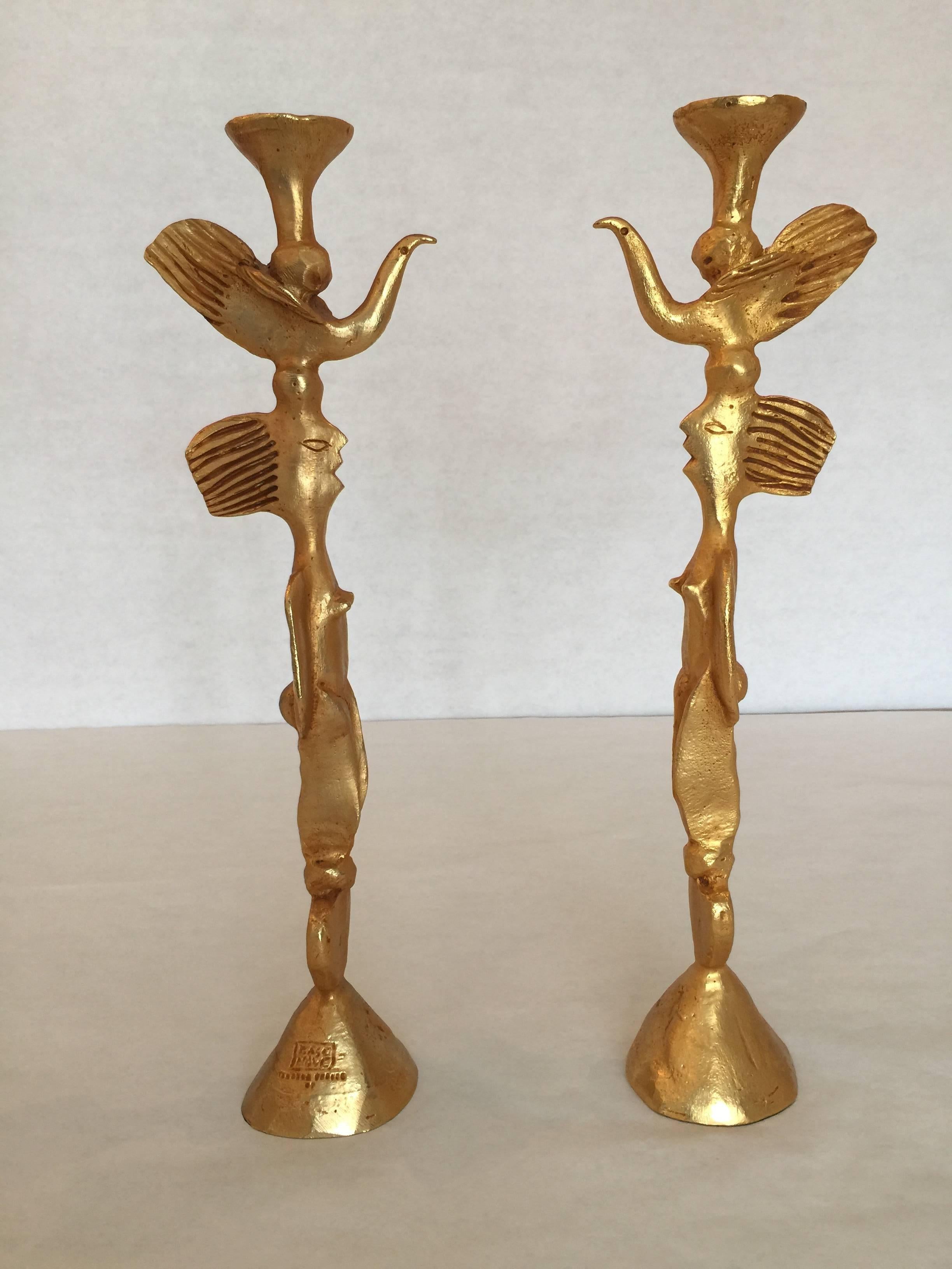 French Pair of Gilt Bronze Candleholders by Pierre Casenove for Fondica