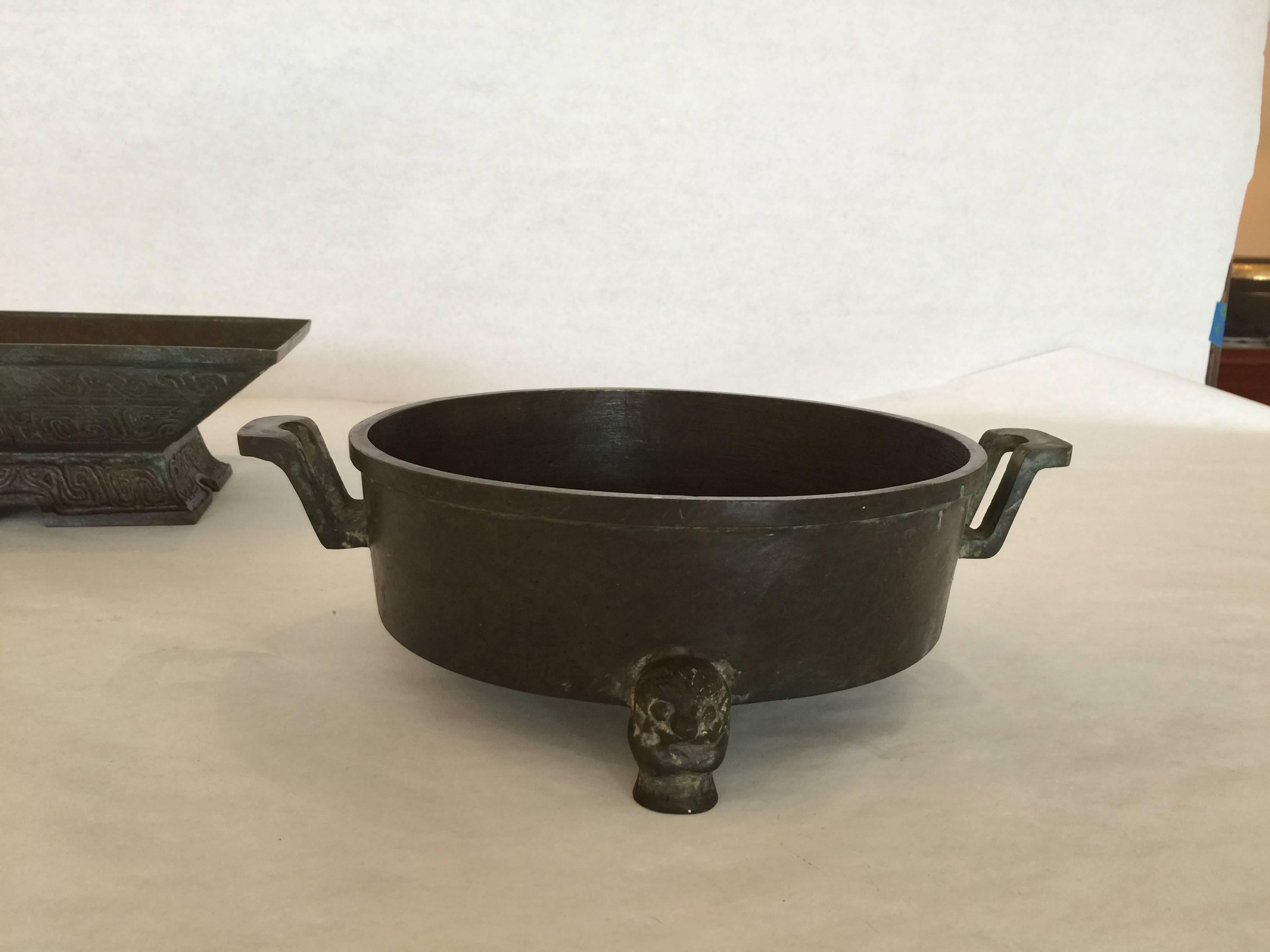 Patinated Set of 3 Verdigris Bronze Asian Vessels For Sale