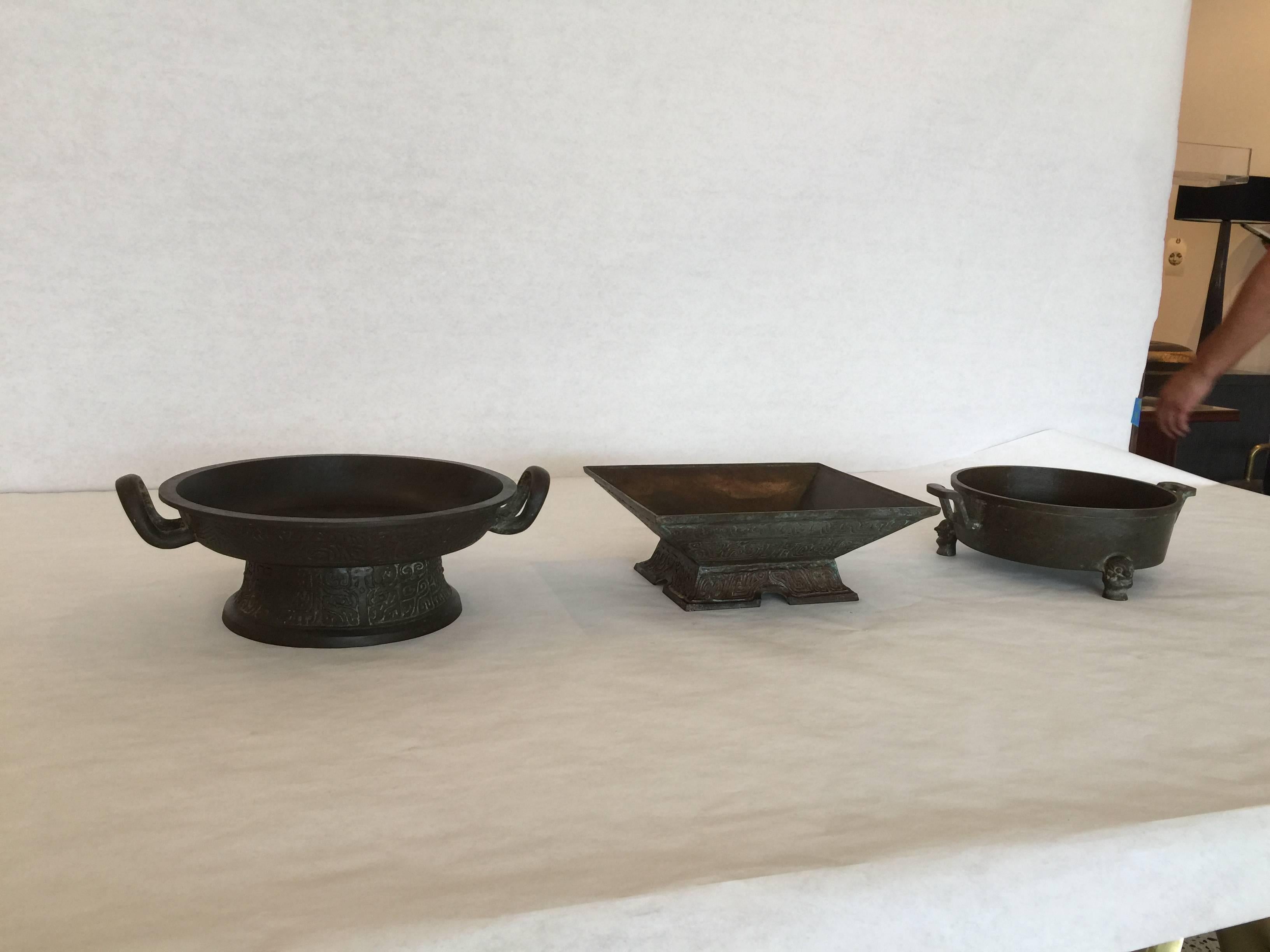 Mid-20th Century Set of 3 Verdigris Bronze Asian Vessels For Sale