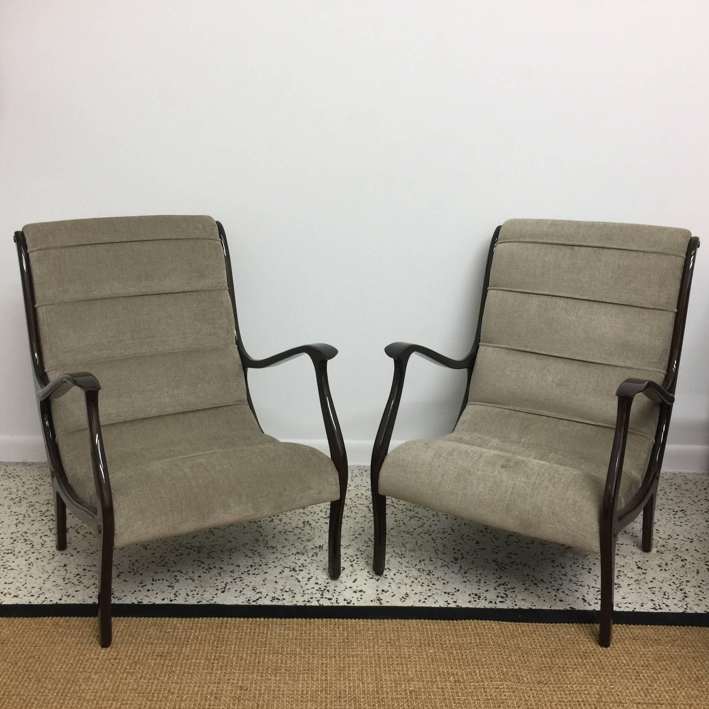 Ezio Longhi Pair of Espresso Stained Wood Frame Armchairs In Good Condition In East Hampton, NY