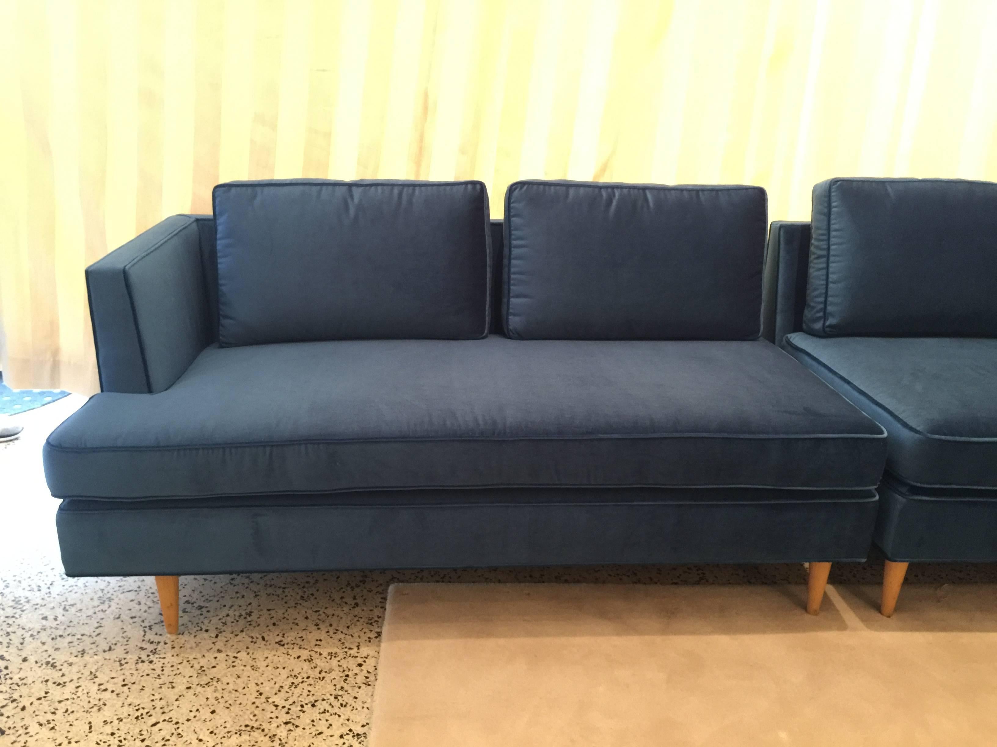 Edward Wormley Sectional Sofa for Dunbar in Blue Velvet In Excellent Condition In East Hampton, NY