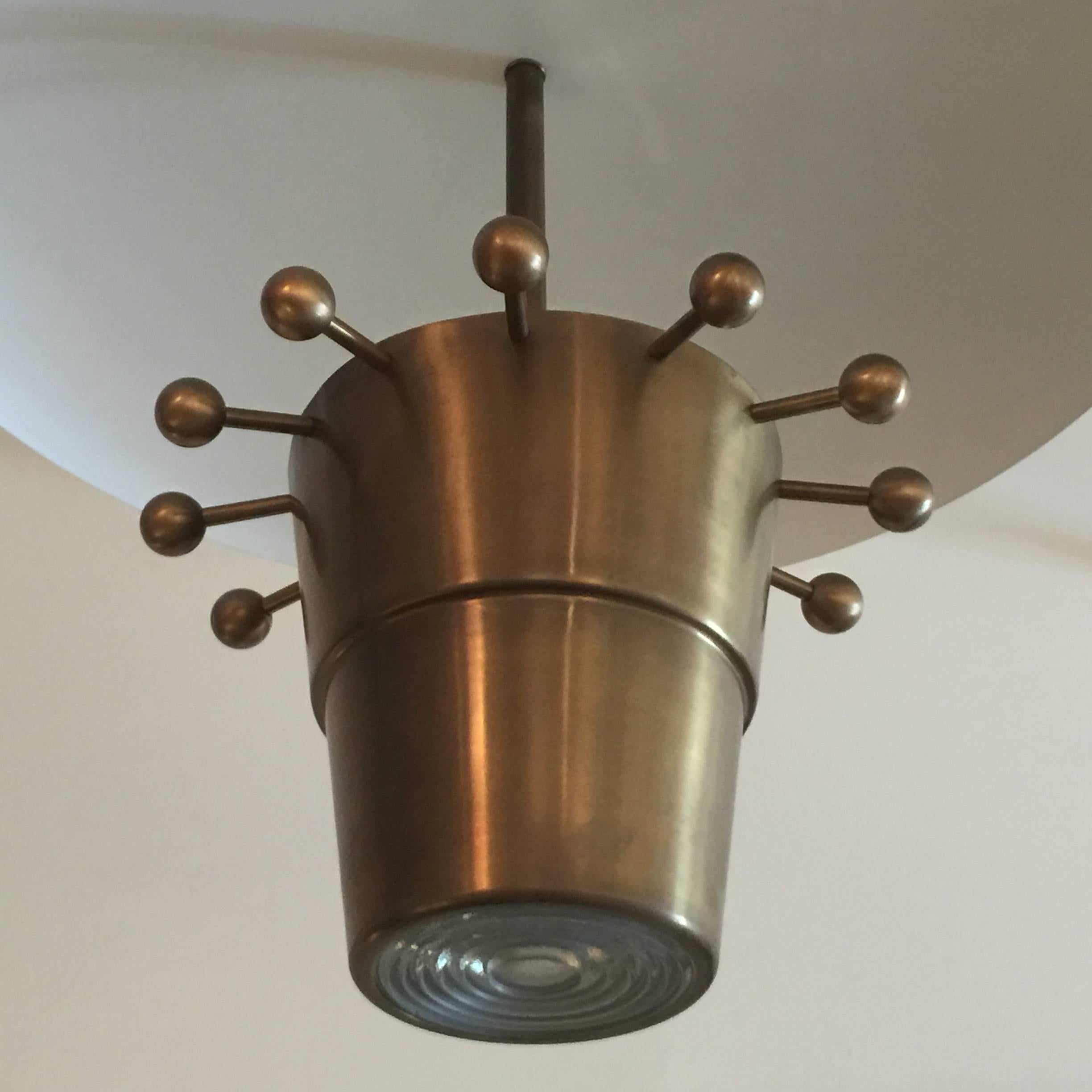 A wonderfully patinated French light fixture with bucket and dome design. Heavy ribbed glass difuser at bottom provides for a direct down-light and the dome difuser is makes a great indirect glow stream of light to the whole room. From the top of
