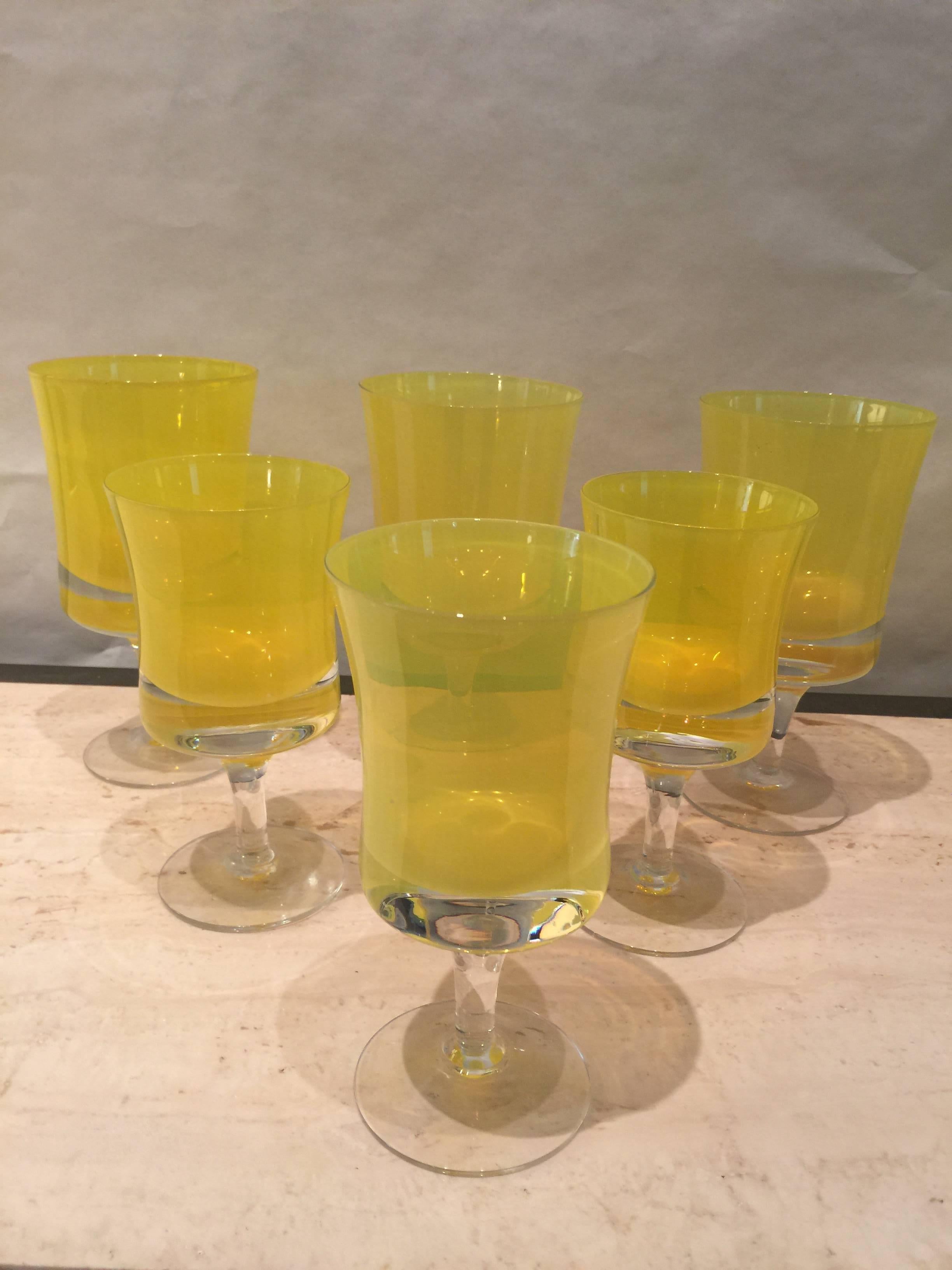 Mid-20th Century Vibrant Canary Yellow Set of 12 Murano Glasses