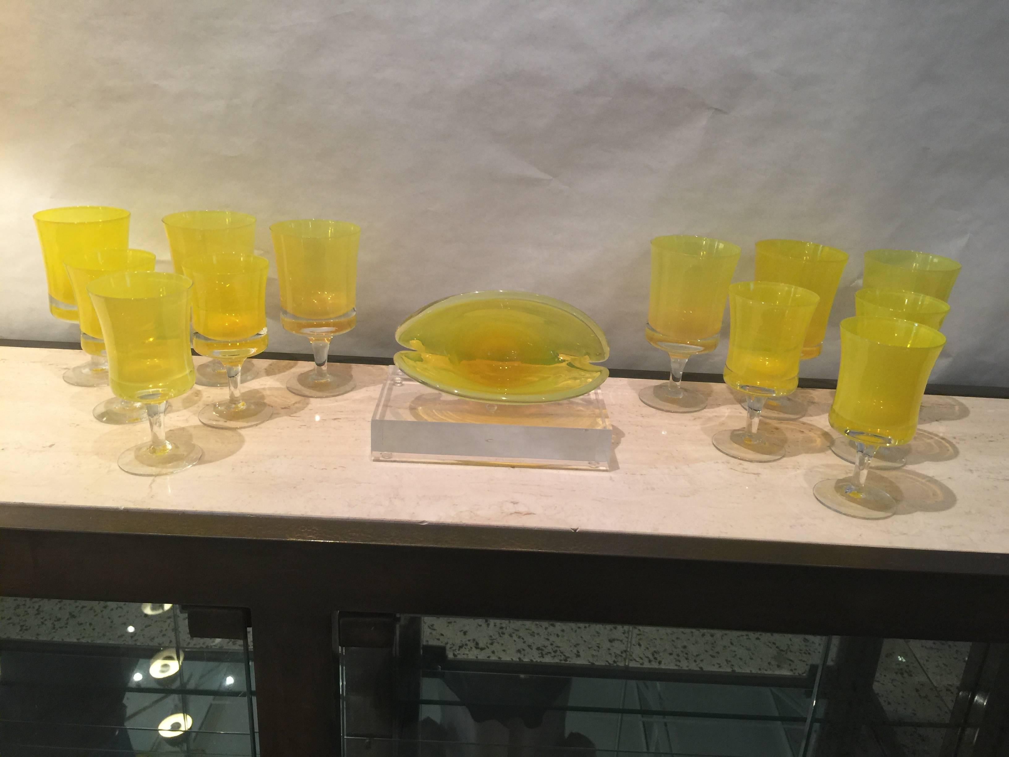 Italian Vibrant Canary Yellow Set of 12 Murano Glasses