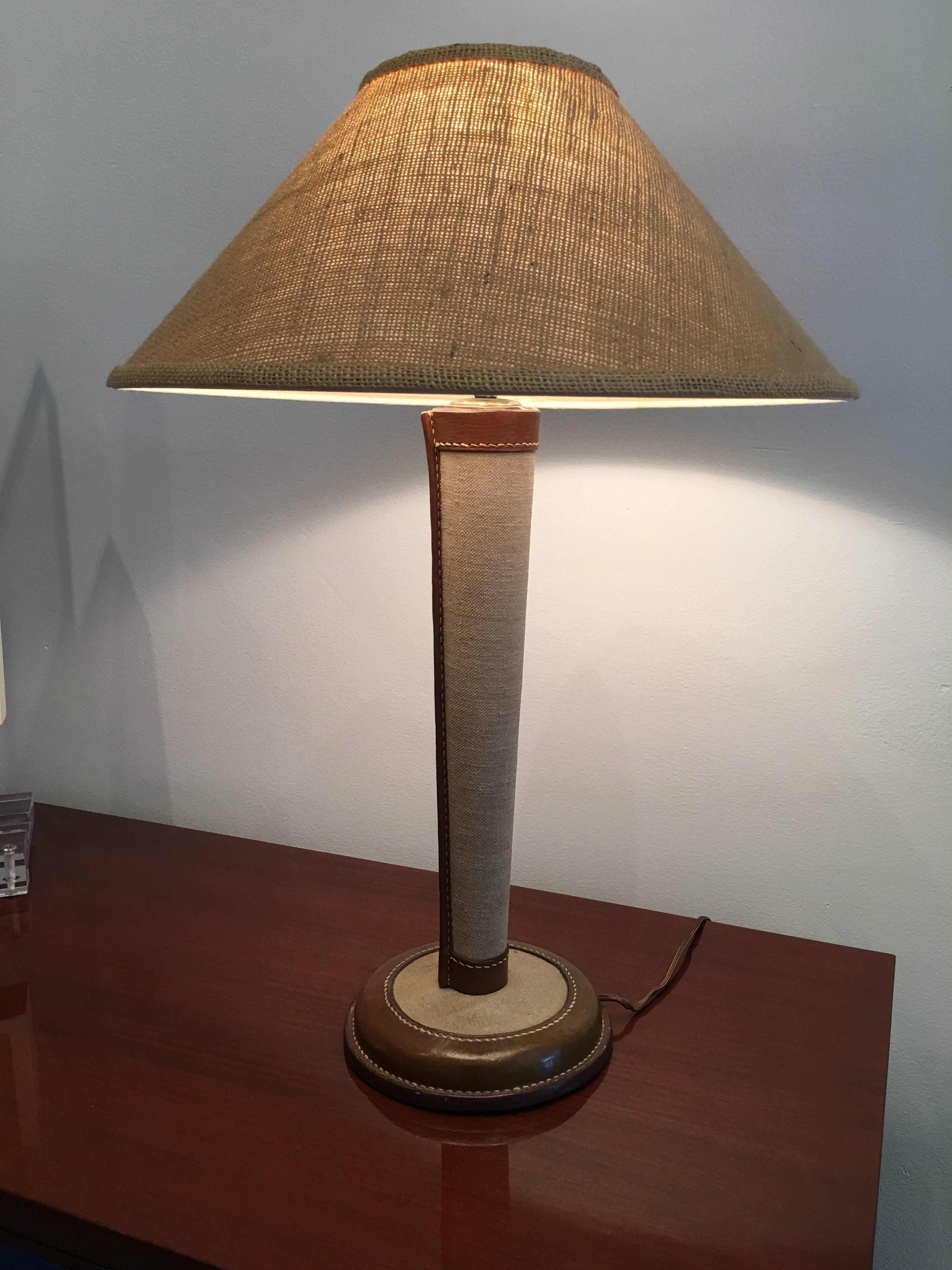 French Original Vintage Jacques Adnet Stitched Leather and Canvas Table Lamp