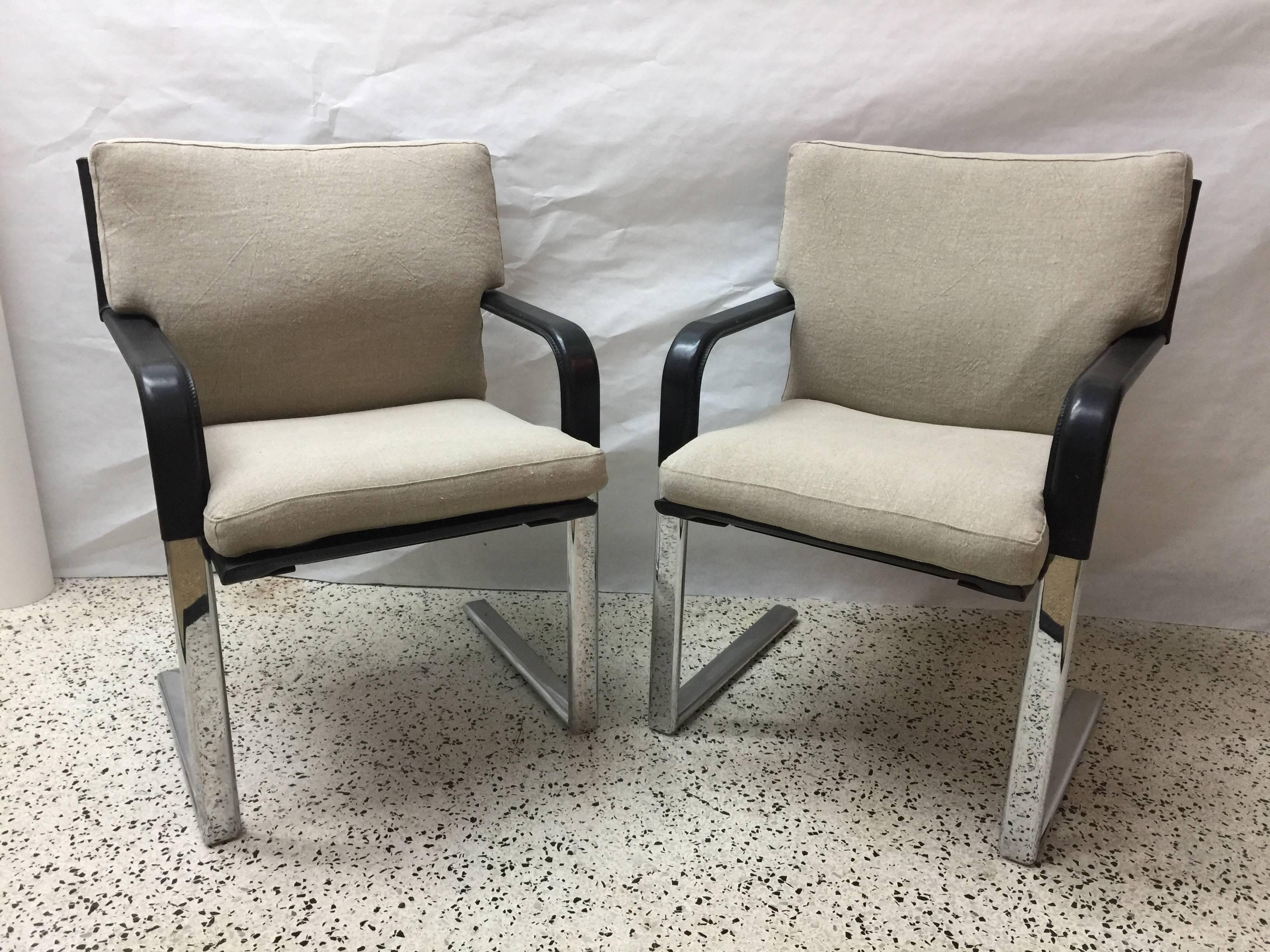 Late 20th Century Set of Four Matteo Grassi Stitched Leather and Chrome Dining Chairs For Sale