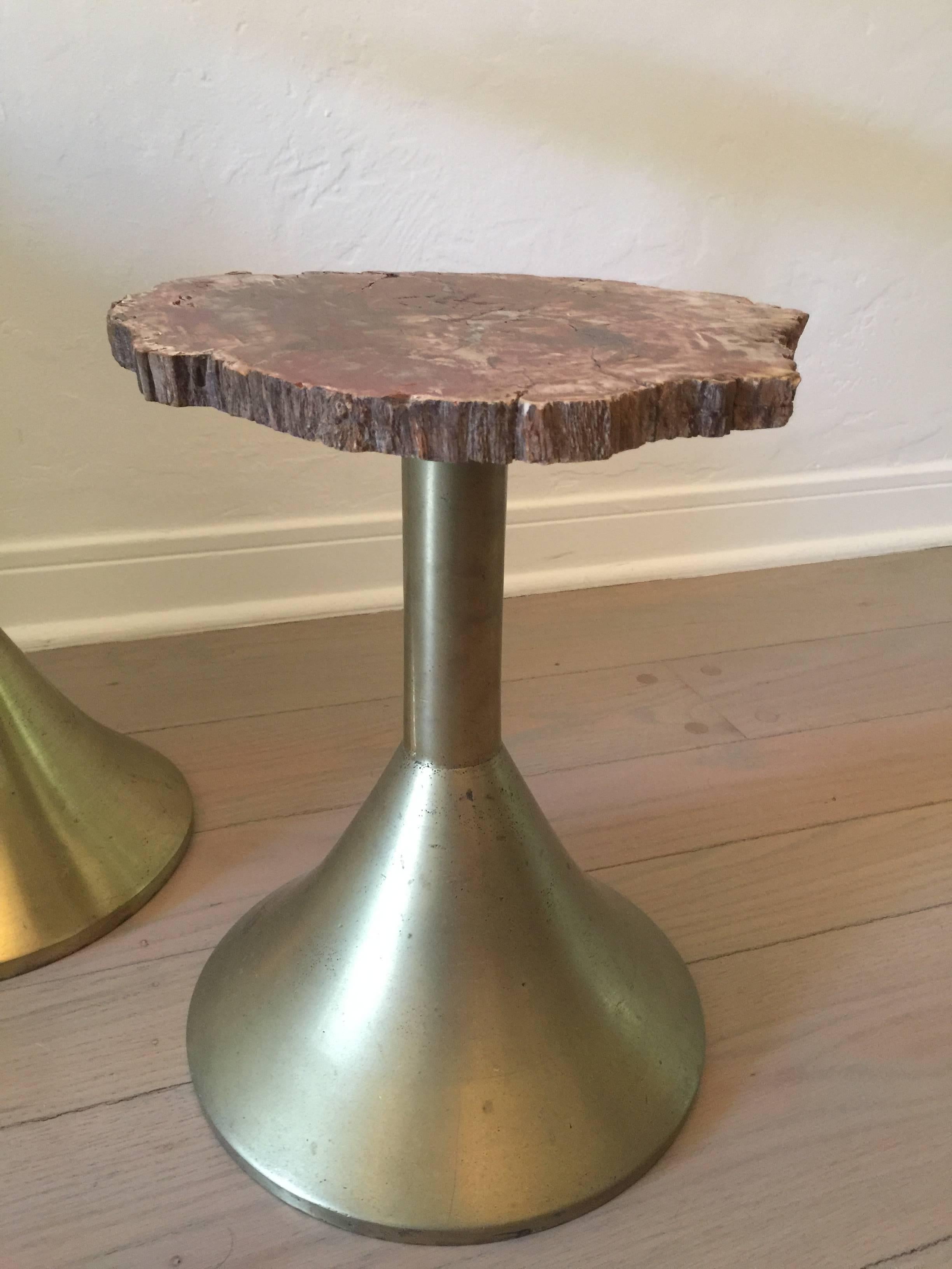 Late 20th Century Pair of Solid Brass and Petrified Wood Occasional Tables