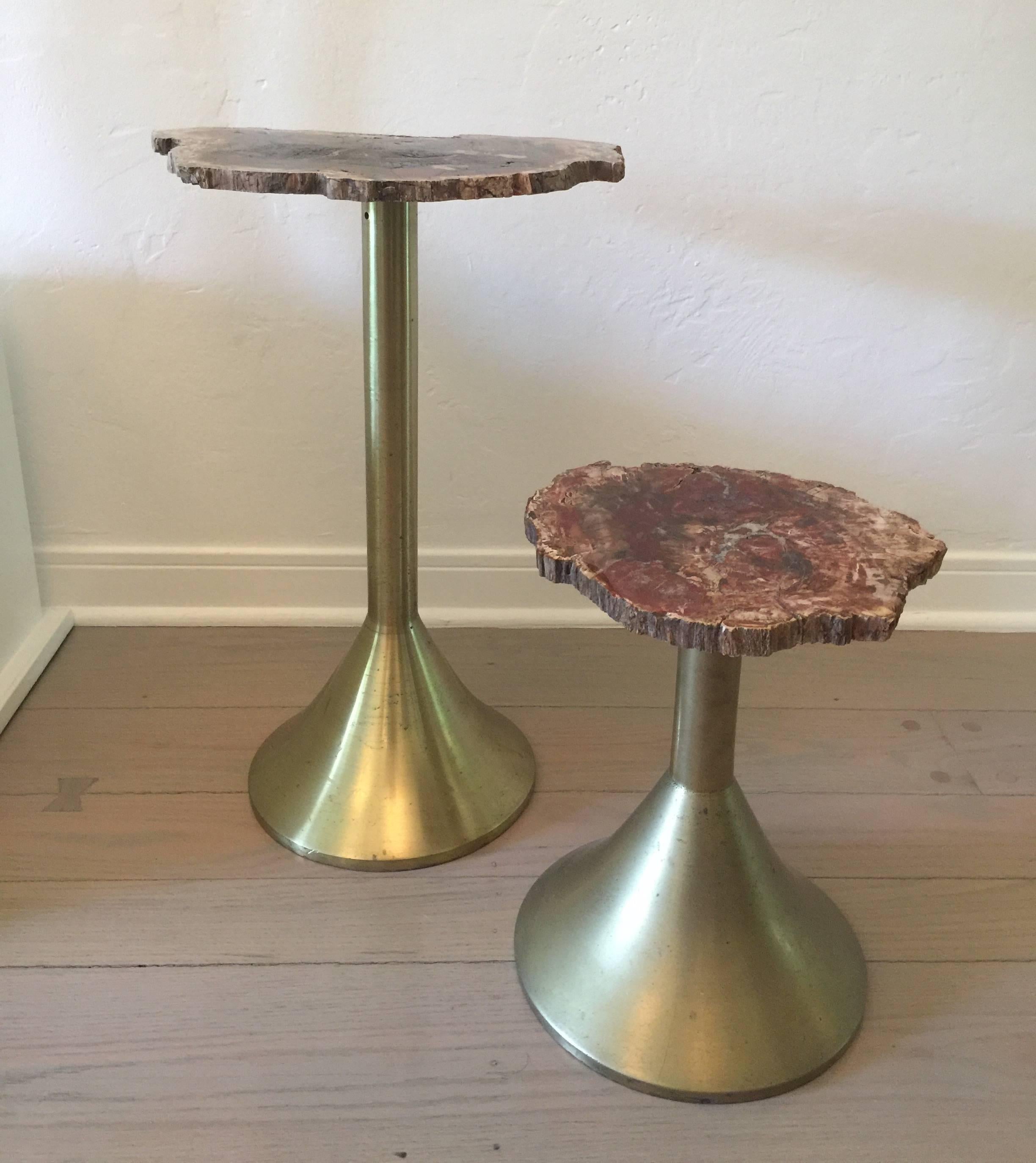 Extremely rare and very organic. These cylindrical tapering bases are very heavy and solid. Topped by an amazing specimen of richly colored petrified wood slices. Style of Philippe Hiquily. The two-tiered occasional tables are perfect for drinks or