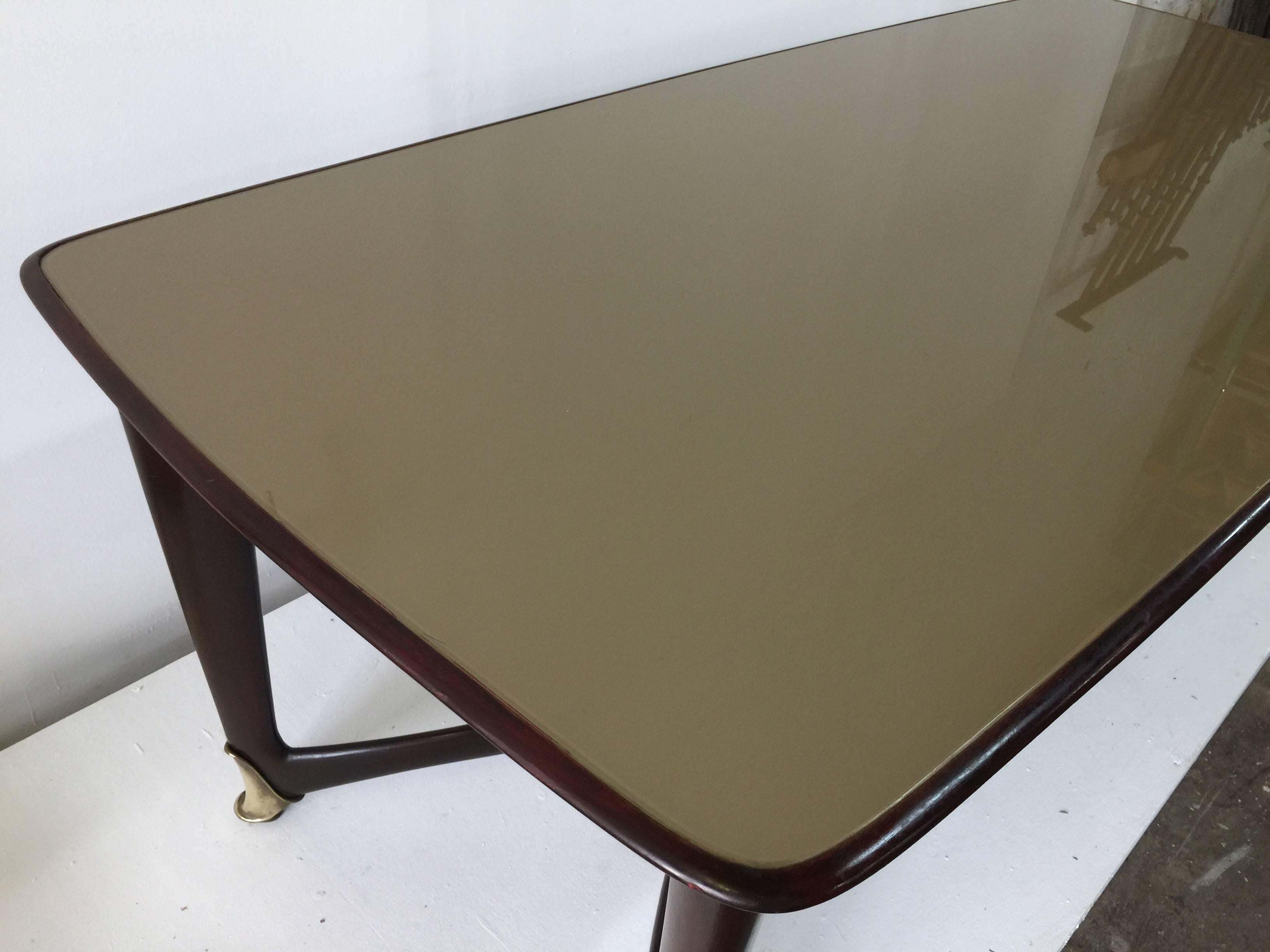 Brass Paolo Buffa Attributed to Reverse Painted Top and Walnut Italian Dining Table
