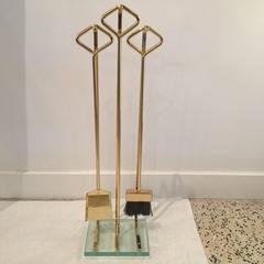 Italian Modernist Solid Brass and Glass Fireplace Tool Set