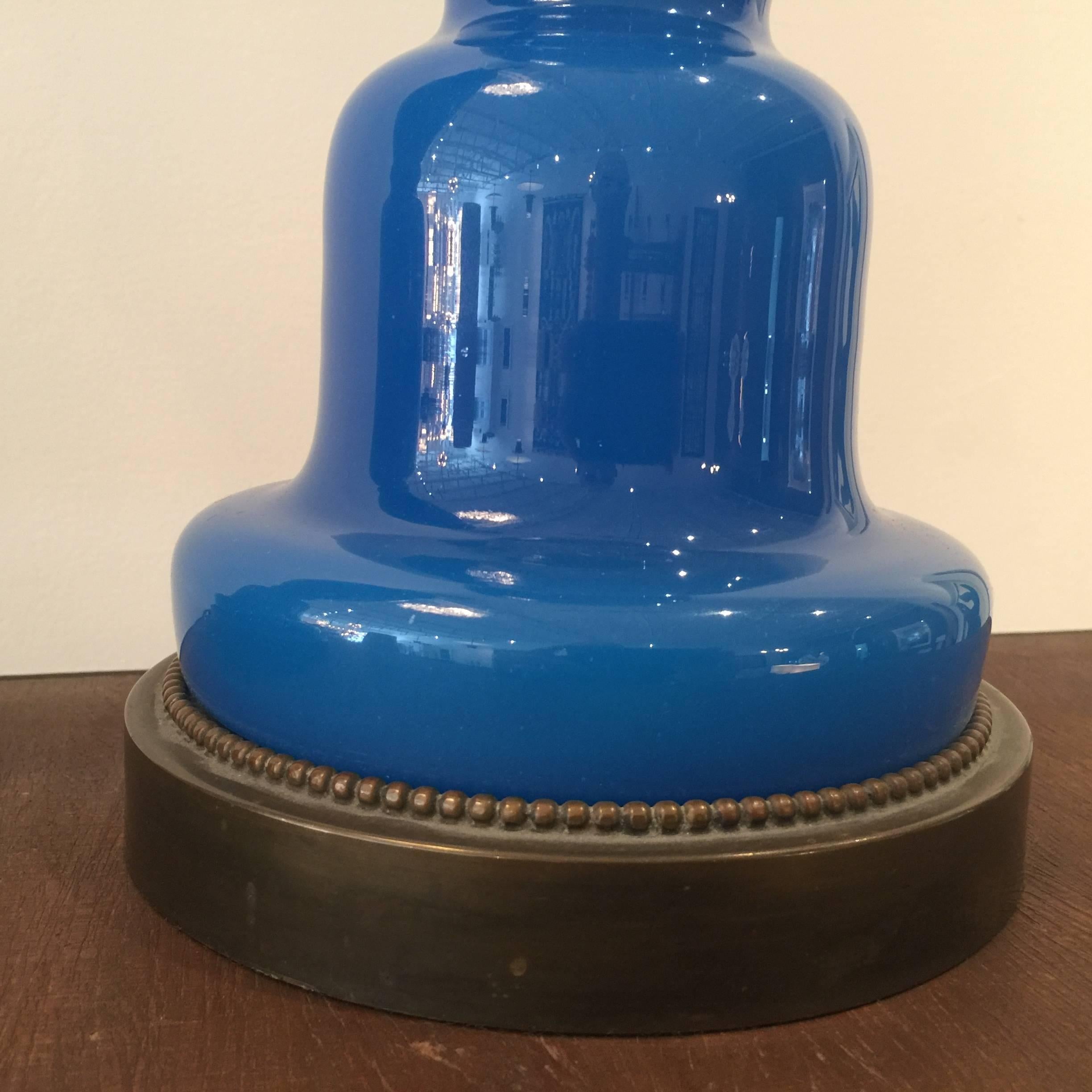 Pair of French Blue Opaline Table Lamps by Marbro Lamp Co. In Excellent Condition In East Hampton, NY