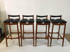 Vintage Danish Teak Bar Stools w/ Leather Belt Strap - Set of 4