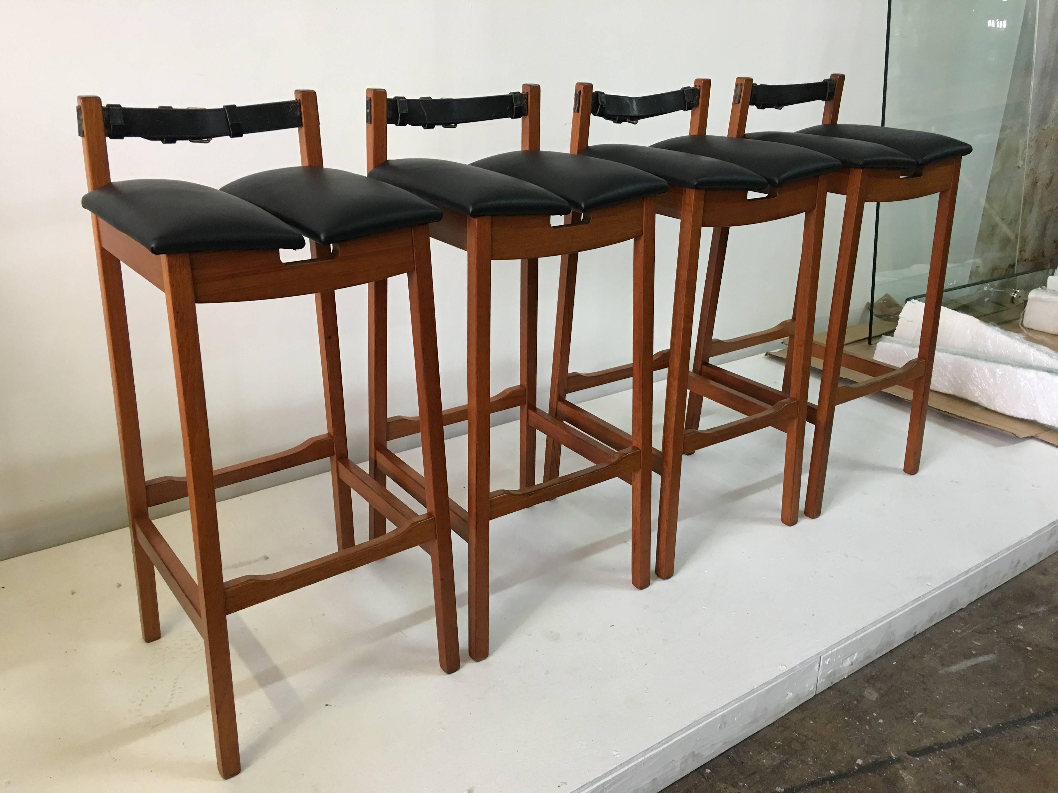 Mid-20th Century Set of Four Leather Strap Danish Barstools For Sale