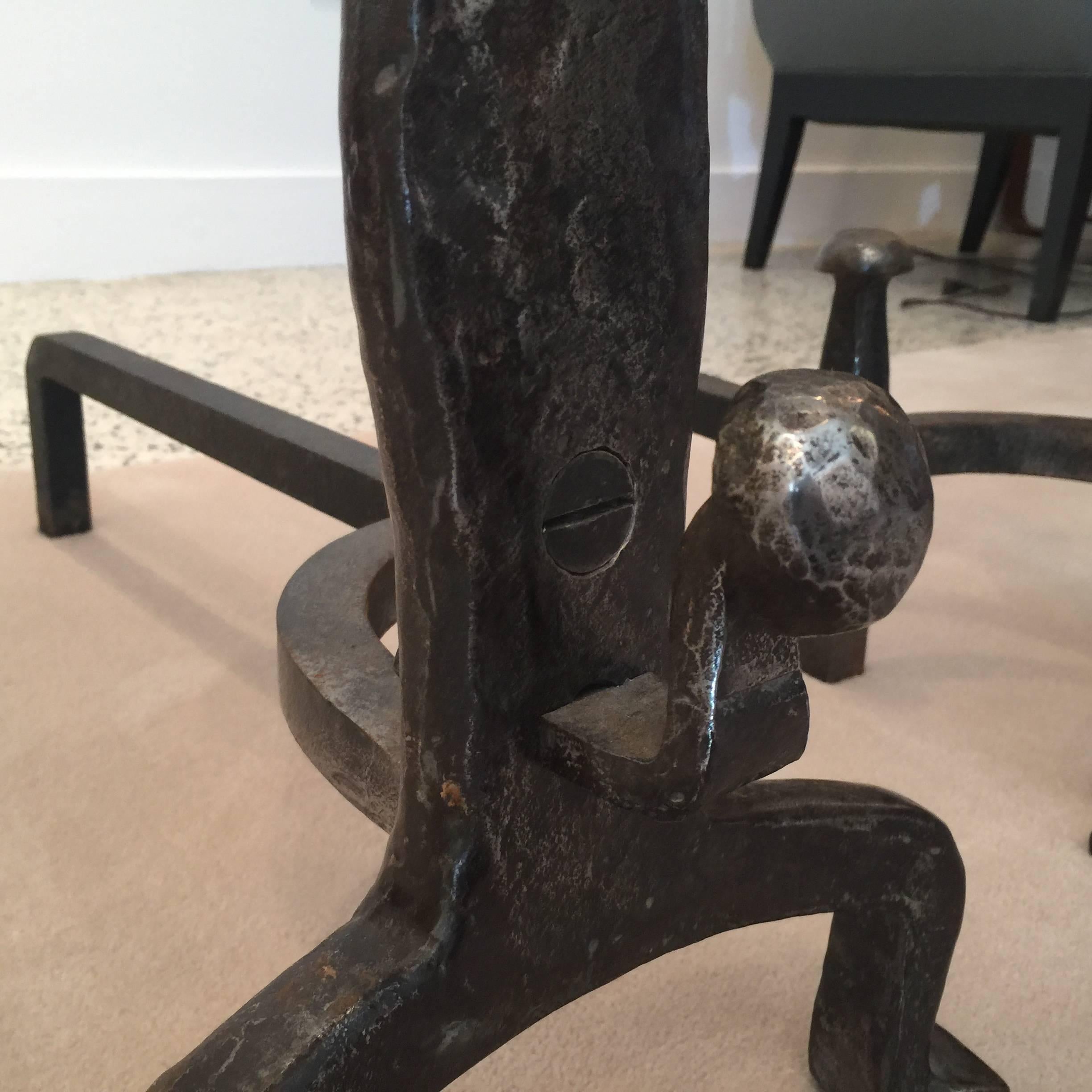 19th Century Brutal Steel Hammered Andirons, Pair In Excellent Condition In East Hampton, NY