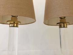 Pair of Lucite and Brass Cylindrical Table Lamps