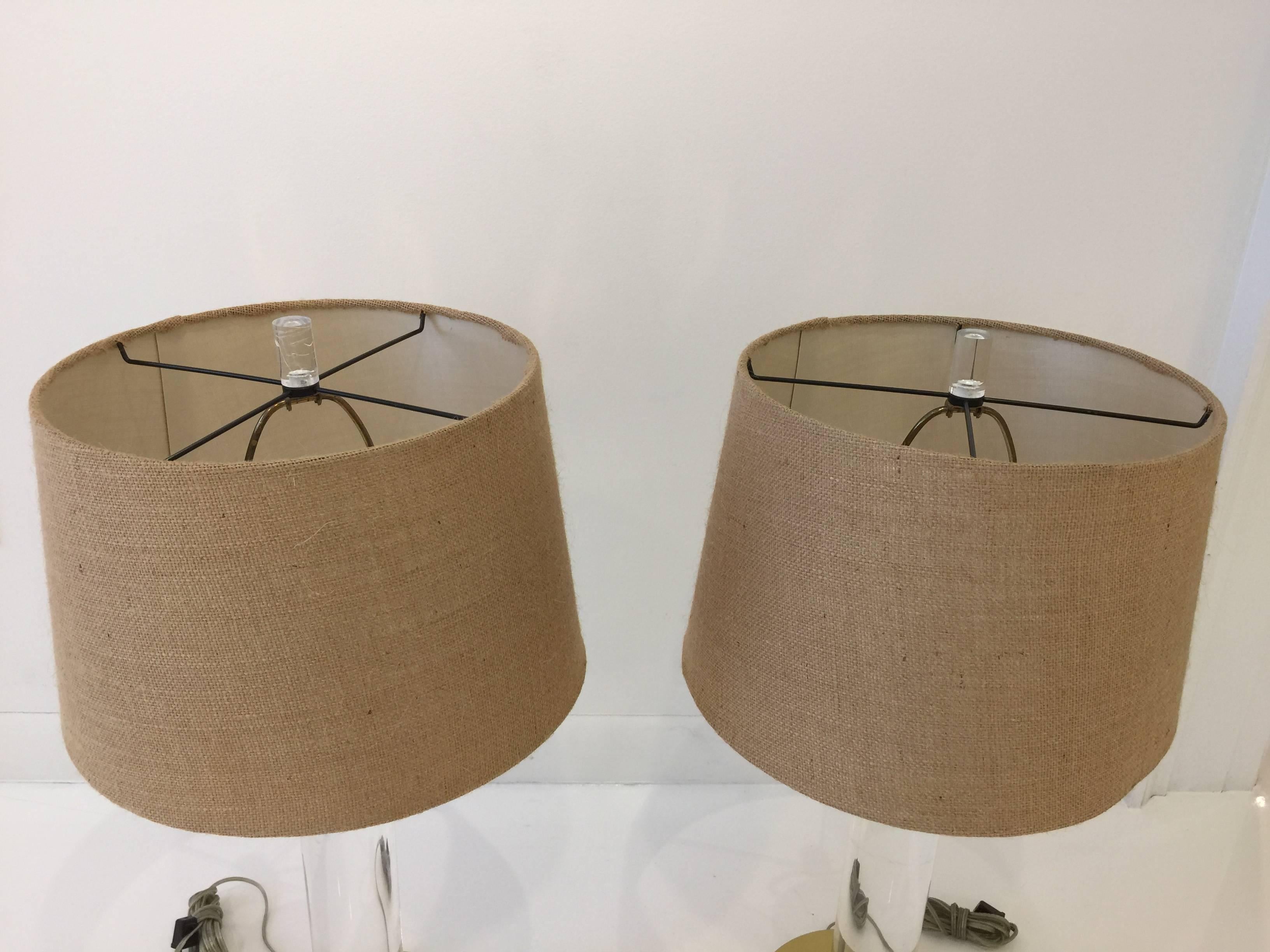 American Pair of Lucite and Brass Cylindrical Table Lamps