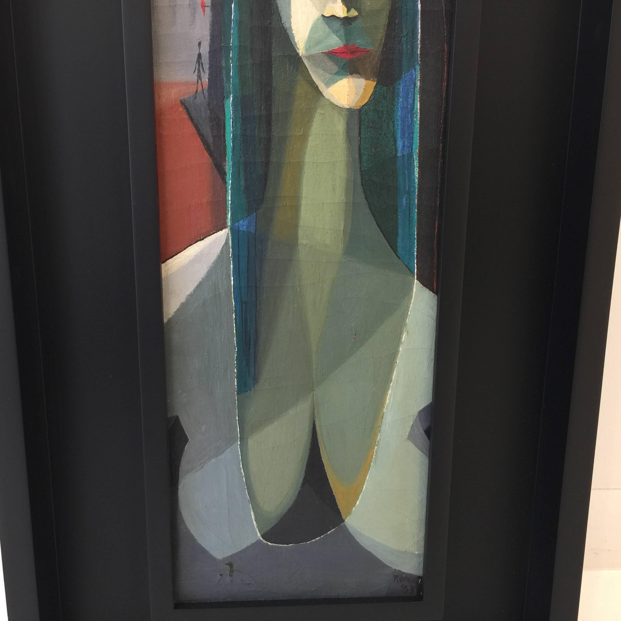 This framed Classic Mid-Century cubist portrait of lady in the red light district is signed in the lower right corner and dated 1953. Additional signatures on verso.