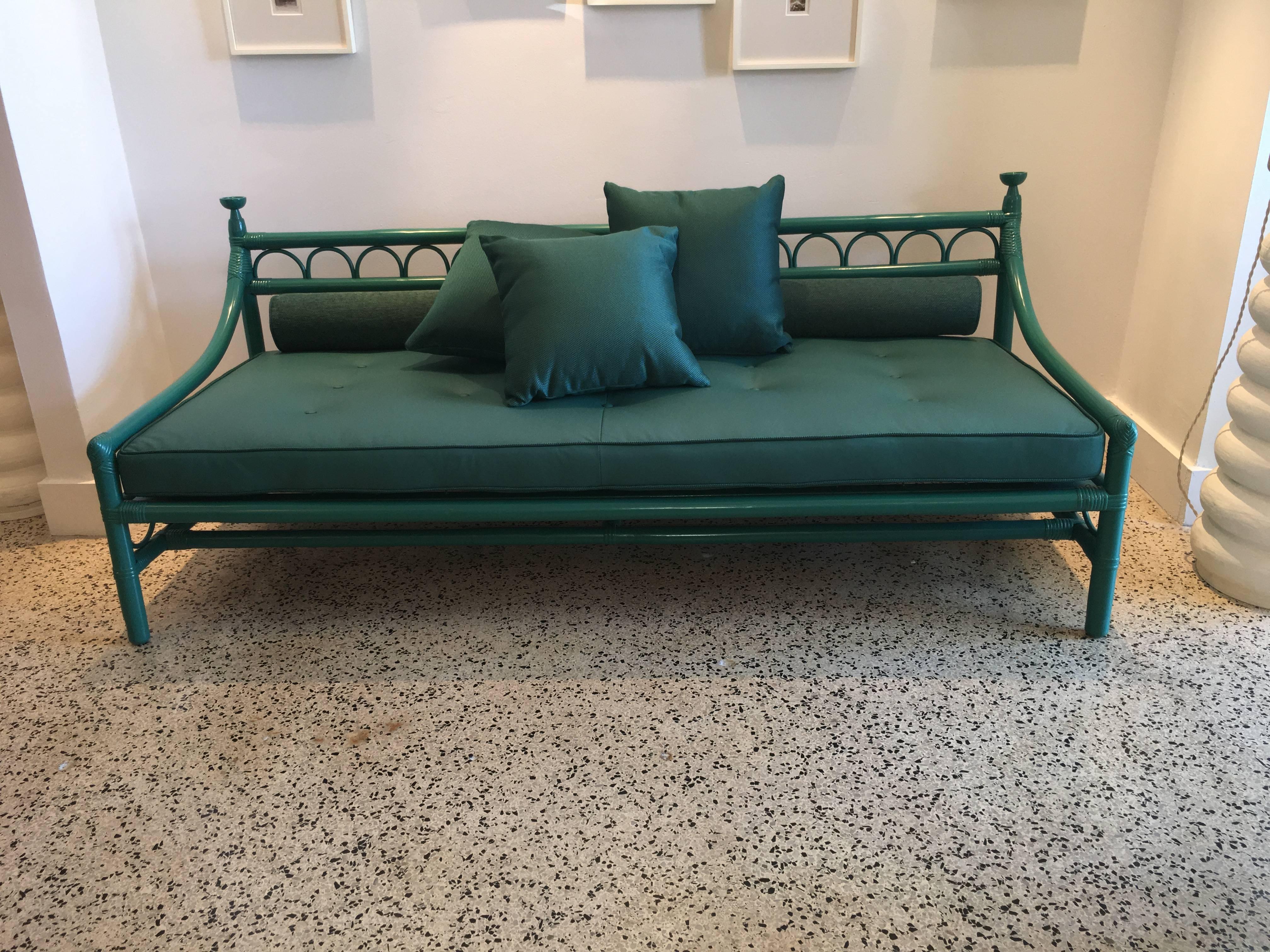 Henry Olko for Willow & Reed, this early production sofa is lacquered in the same green as the leather upholstery. Additional pillows in leather as shown in detail images are included.

Note: there is a matching armchair and side table available for