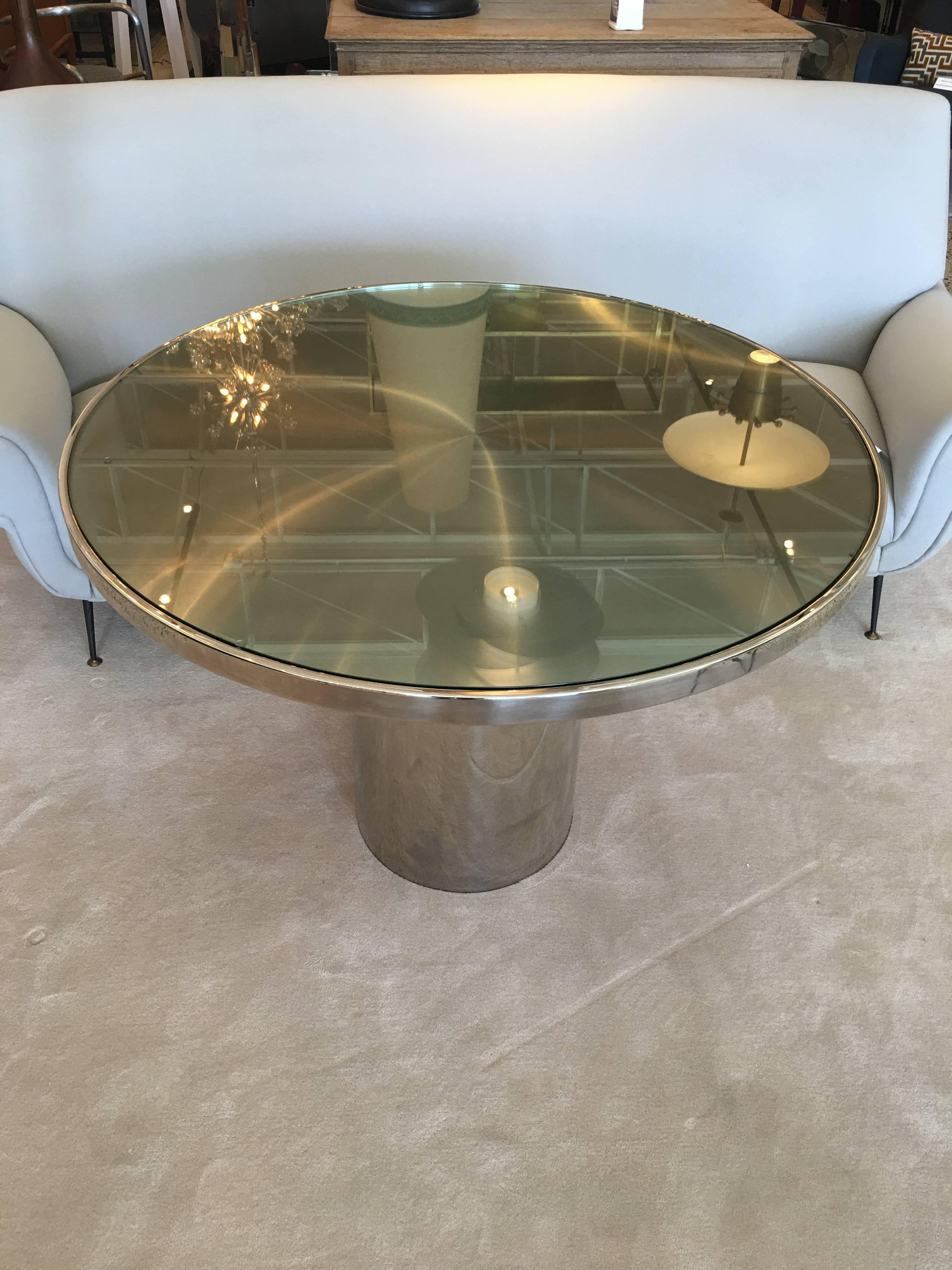 American Brueton Round Stainless Steel and Glass Table