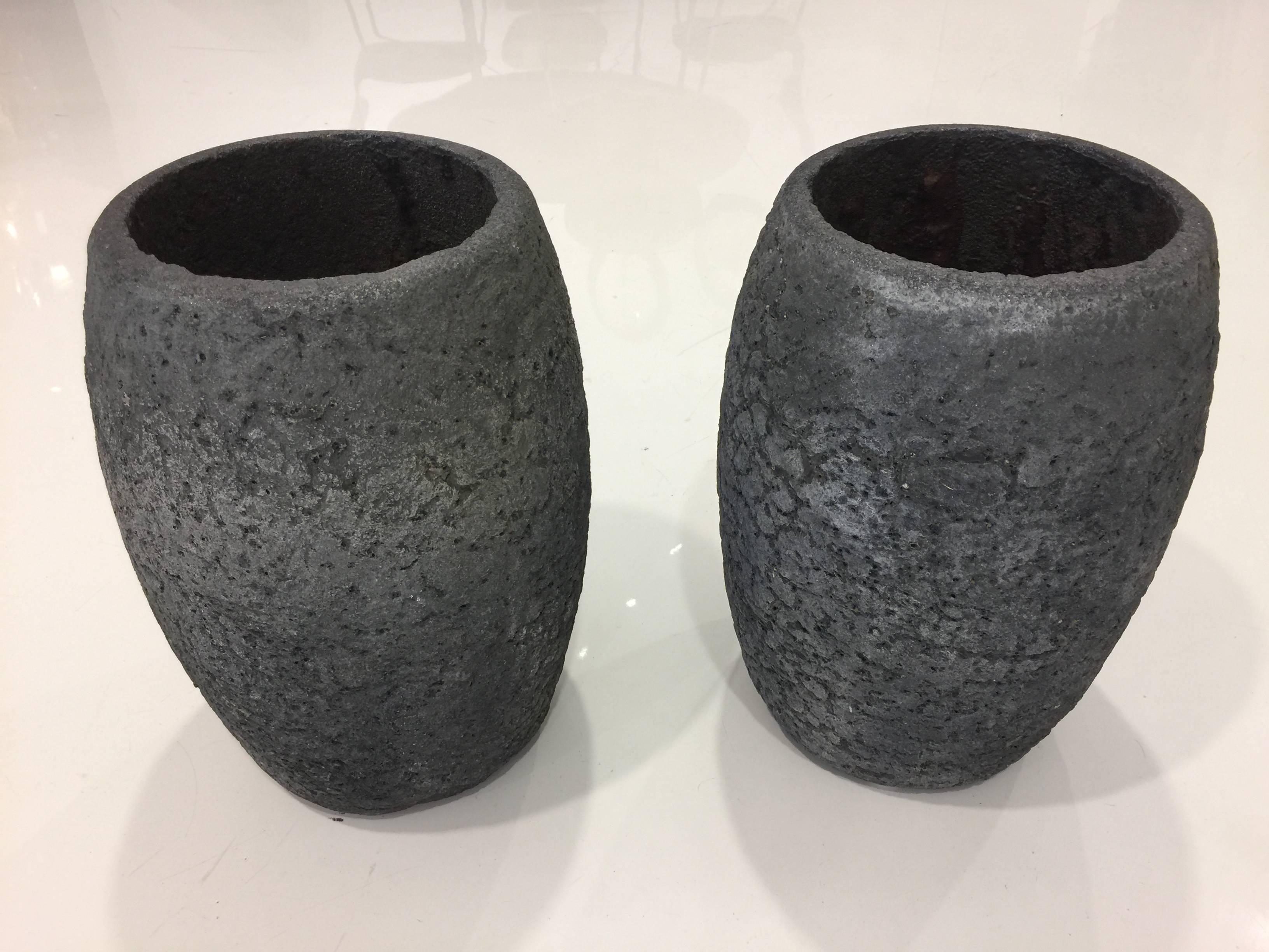 These very large crucibles were used for melting aluminum in an Industrial factory - now they have a beautiful aged coloring in dark volcanic grays. Very brutal finish.