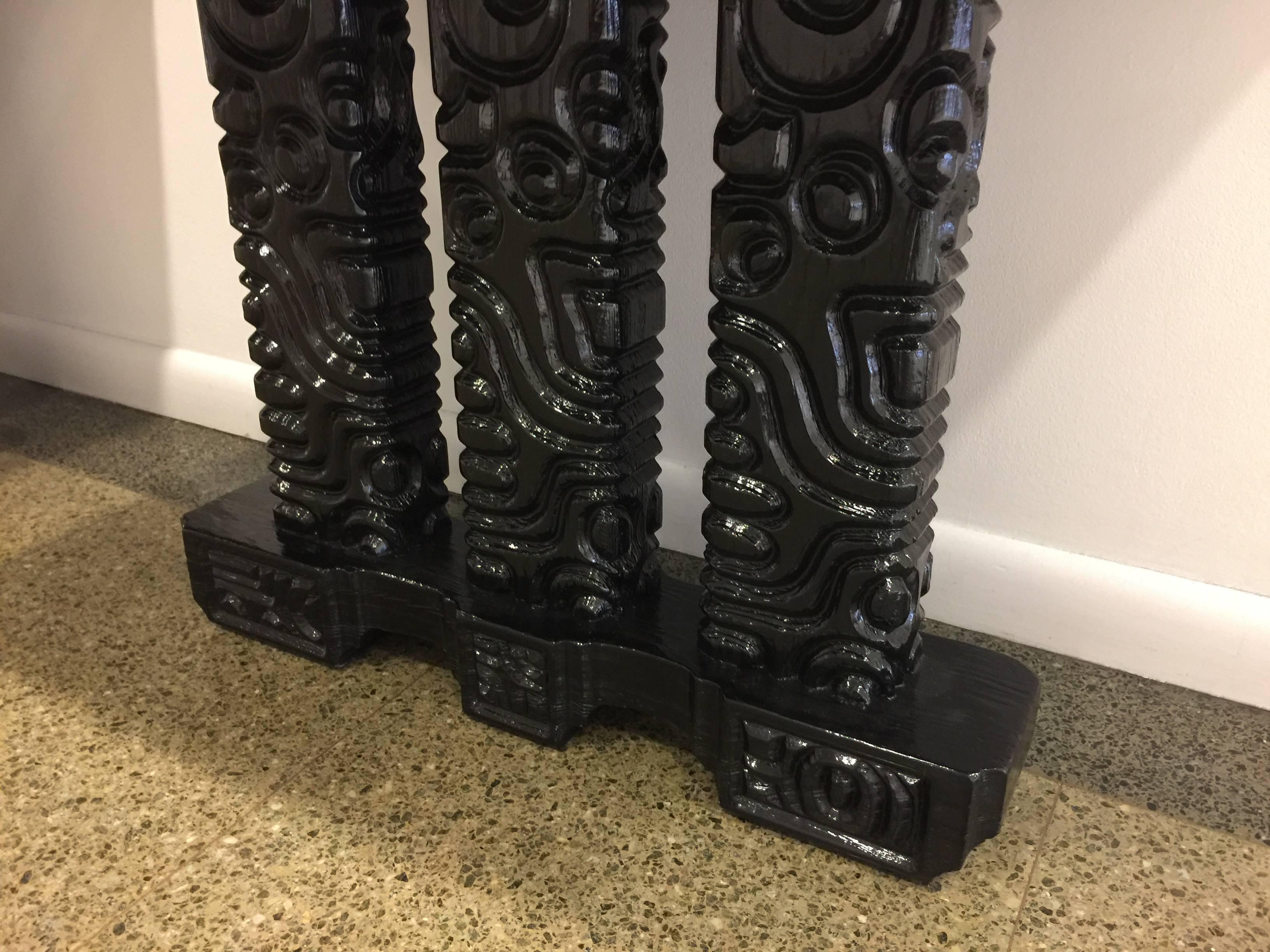 Brutalist Carved Wood Lacquered Consoles, Pair  In Good Condition For Sale In East Hampton, NY