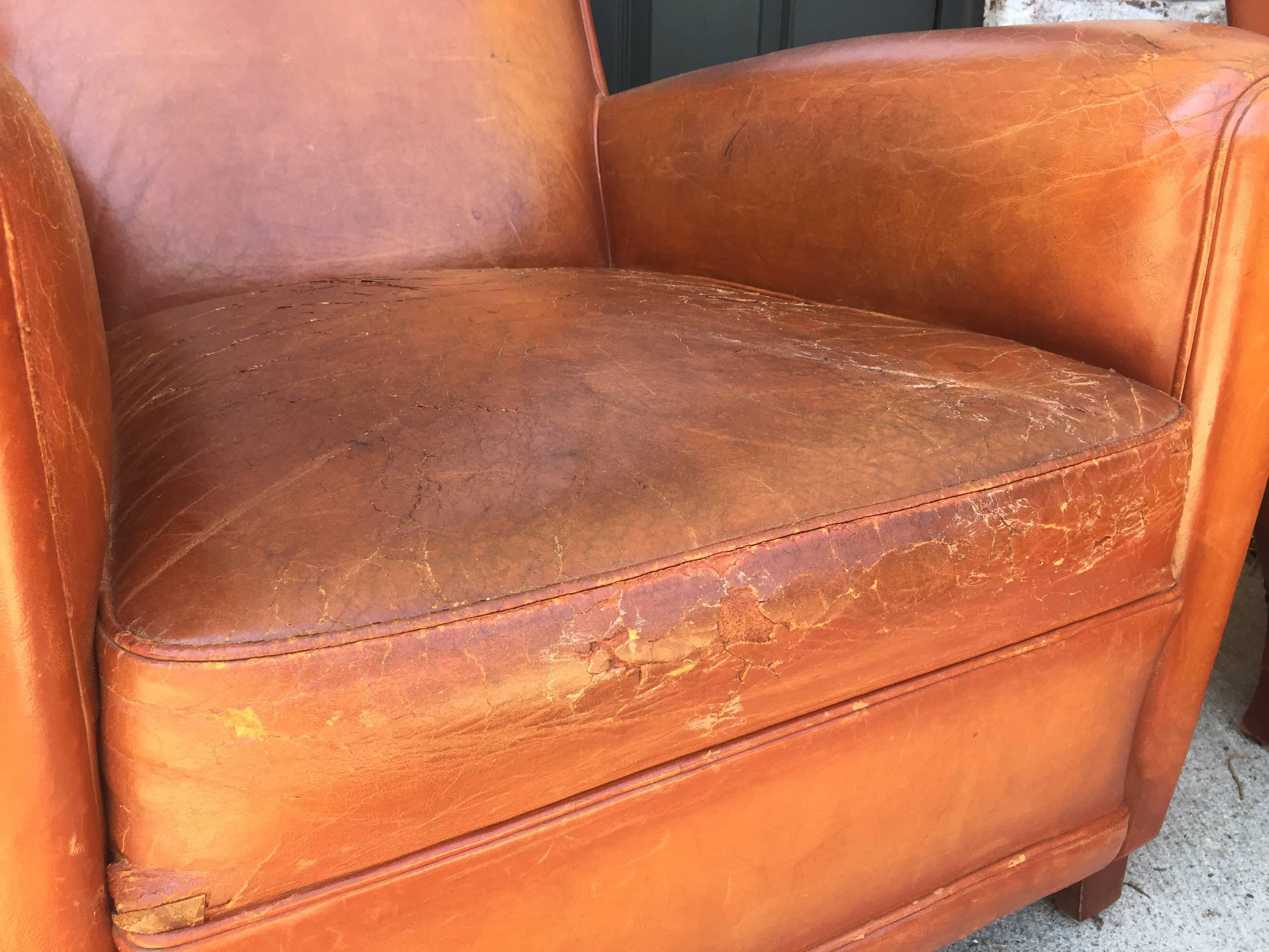 French Deco Club Chairs in Cognac Leather, Pair In Good Condition In East Hampton, NY