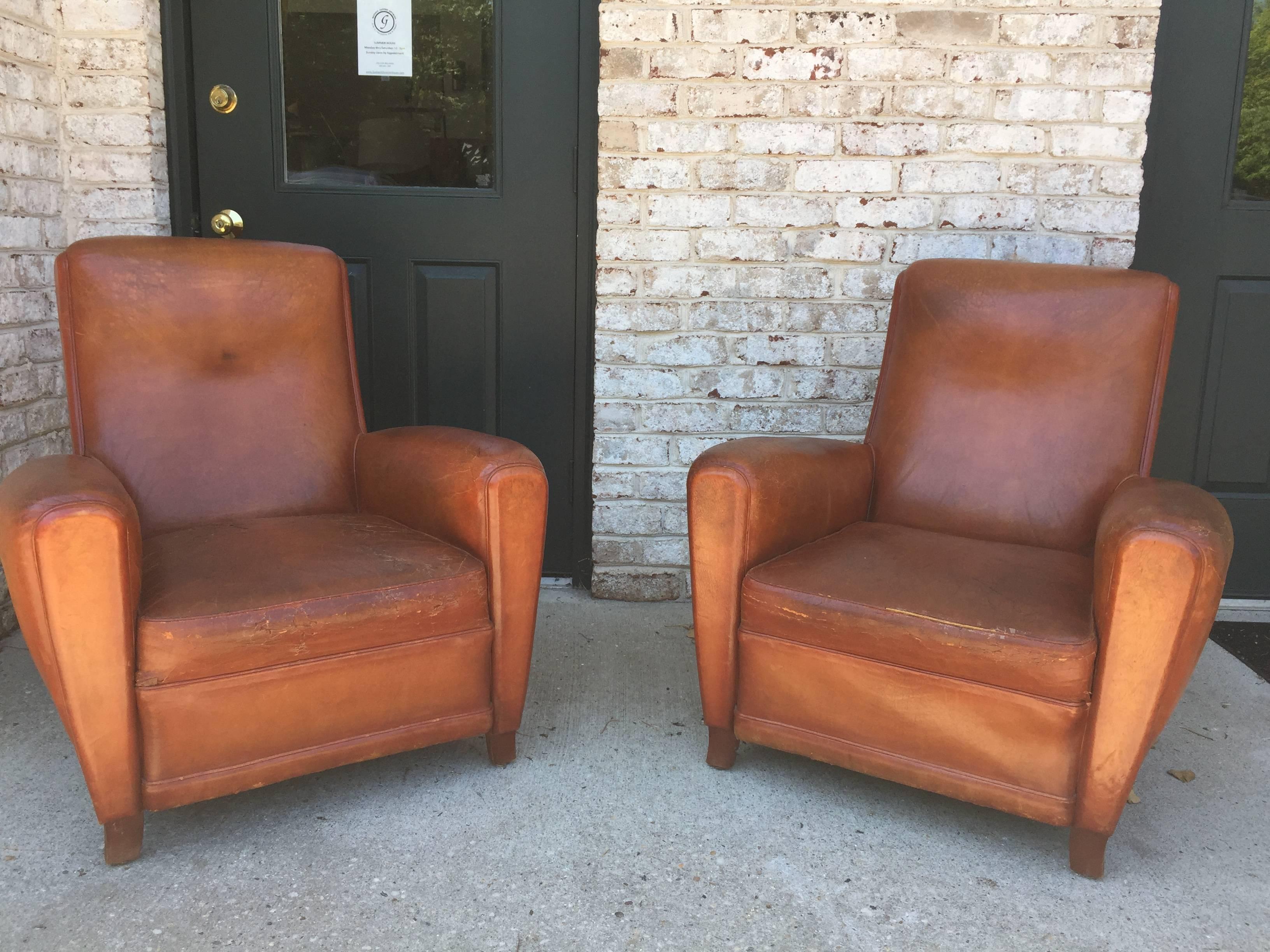 French Deco Club Chairs in Cognac Leather, Pair 2