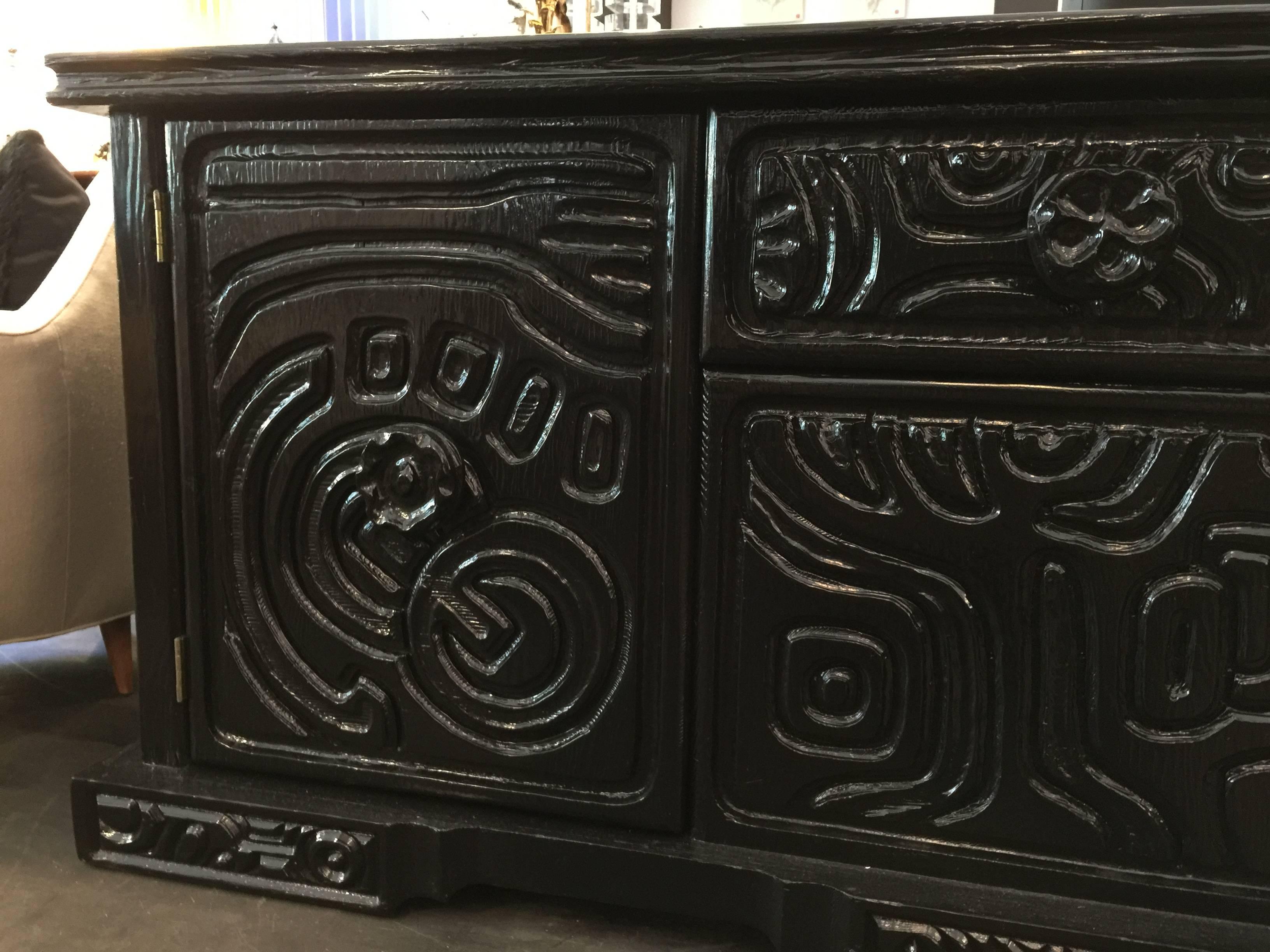 American Brutal Carved Wood Lacquered Credenza by Witco  For Sale