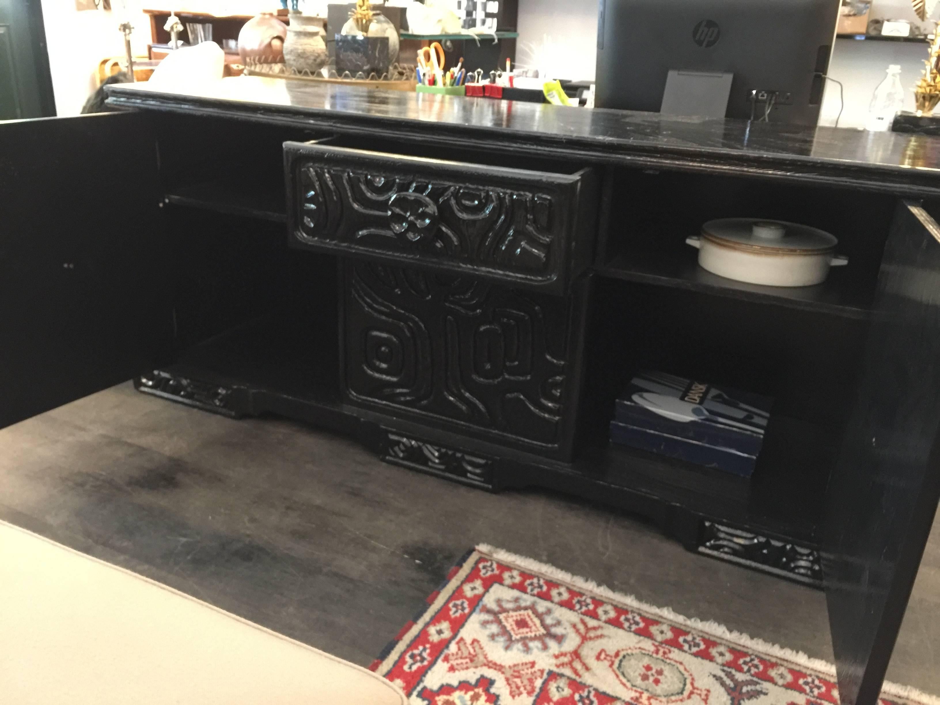 Brutal Carved Wood Lacquered Credenza by Witco  In Good Condition For Sale In East Hampton, NY