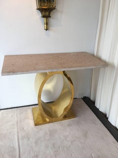 Oval Brass Console Table with Rosso Rustic Marble Top