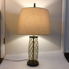 French Ebonized Oak and Brass Lattice Table Lamp