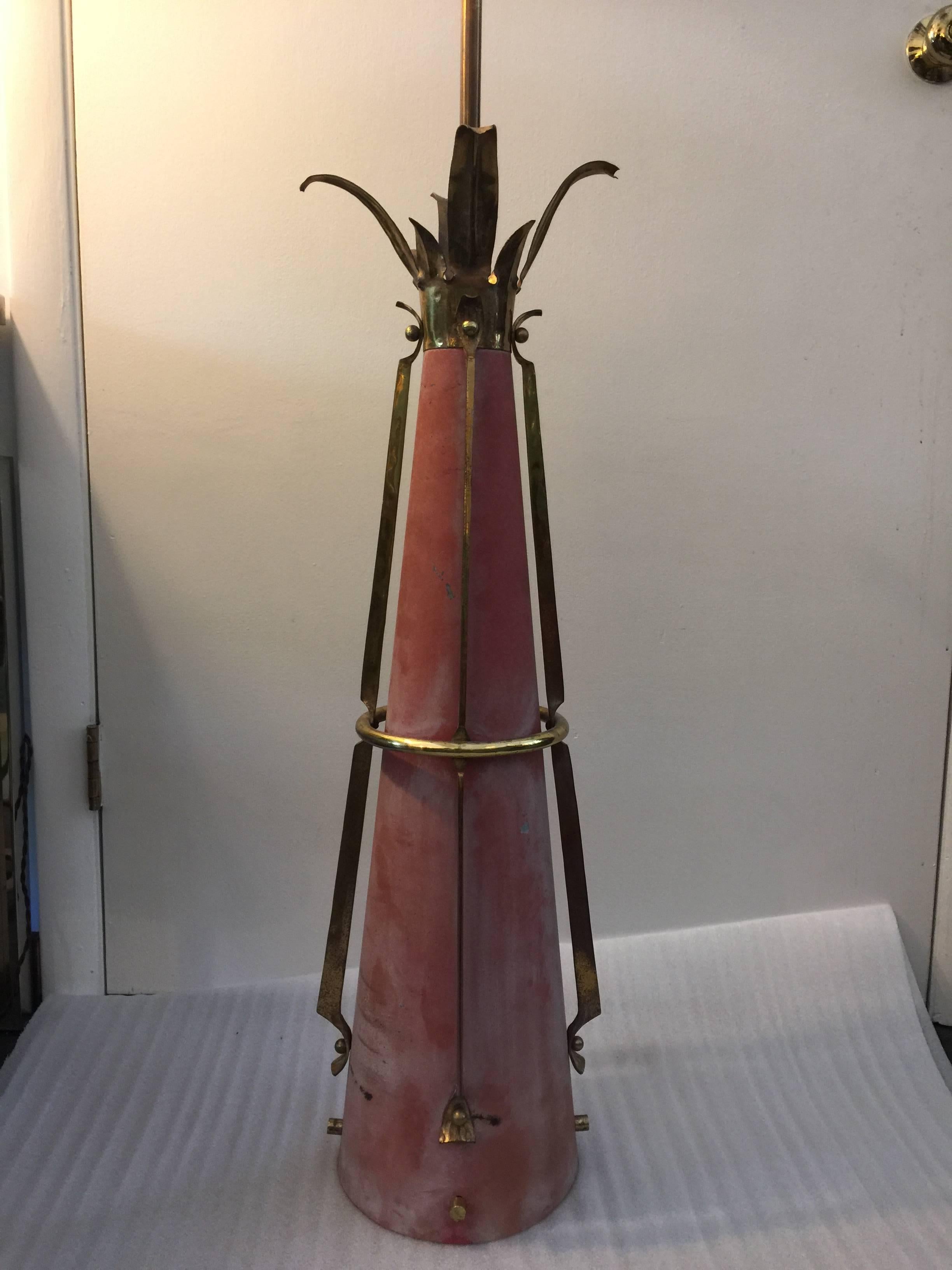 Original aged/distressed coral paint and gold/brass accents, light fixtures.

Dimensions of cone only 32.5 inches long. Two available, priced individually.
