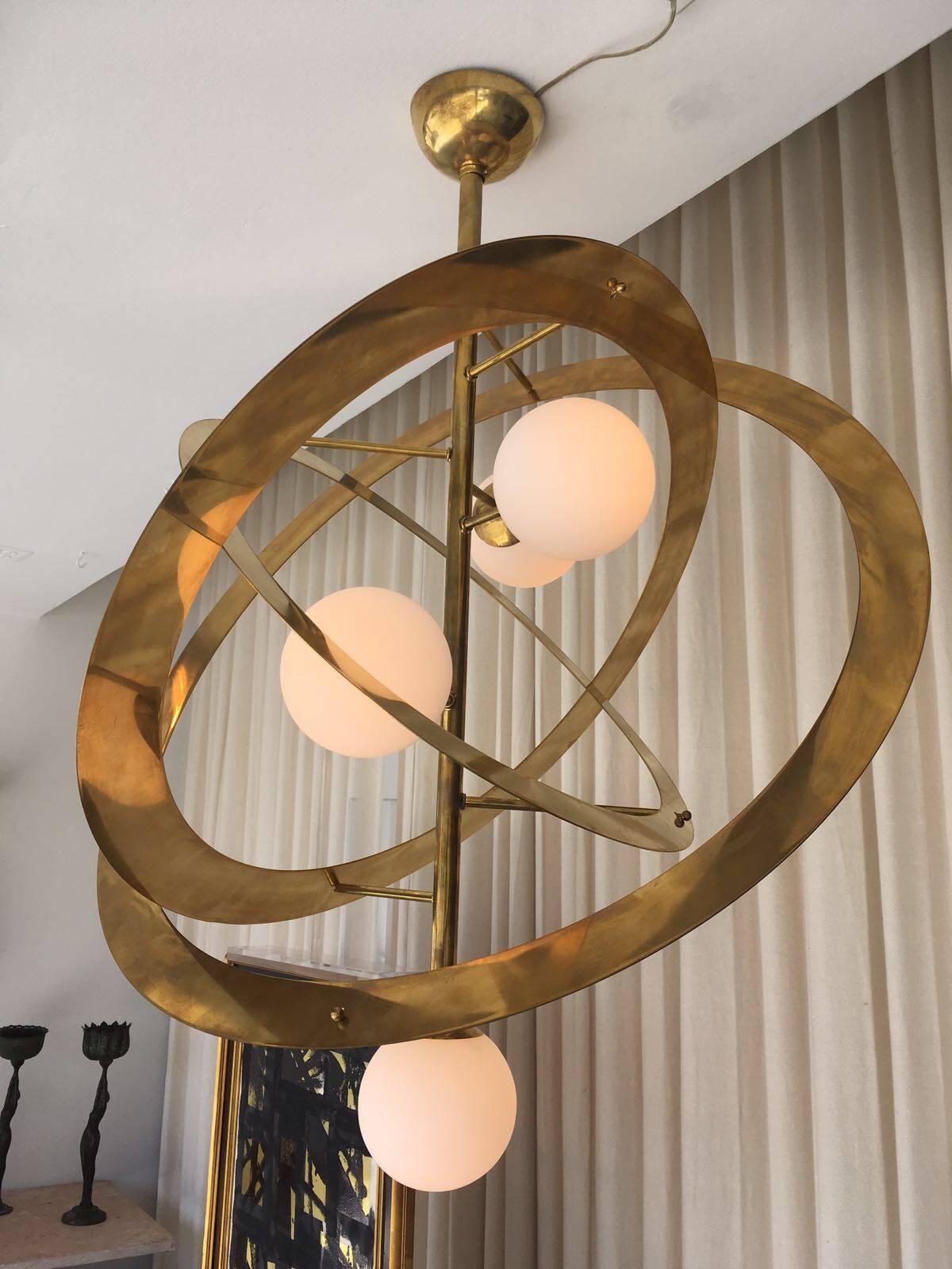Italian Saturn's Rings Chandelier in Brass and Frosted Globes