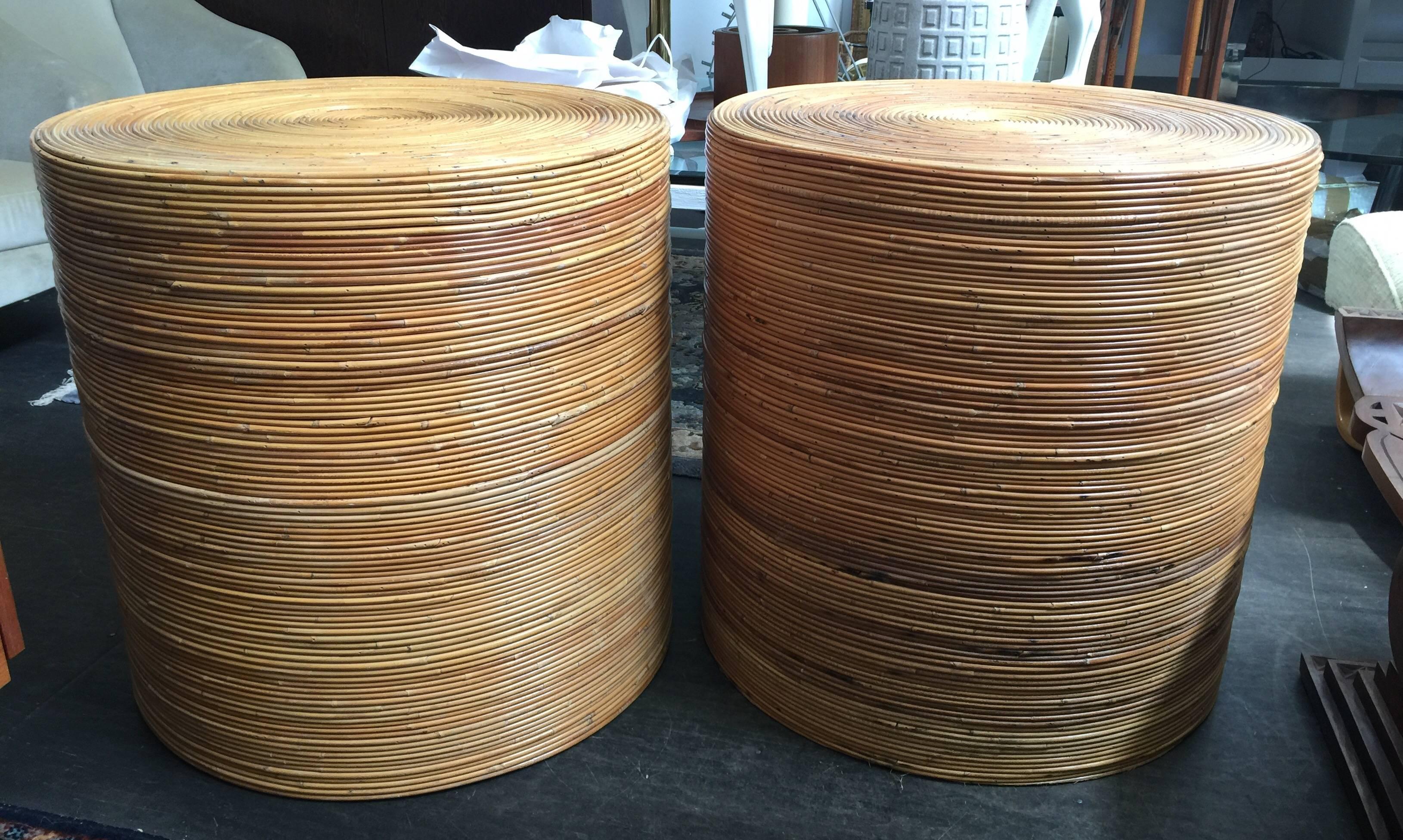 Late 20th Century Cylindrical Pair of Pencil Reed Bamboo Rattan Drum Tables