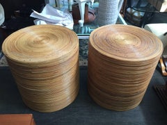 Cylindrical Pair of Pencil Reed Bamboo Rattan Drum Tables