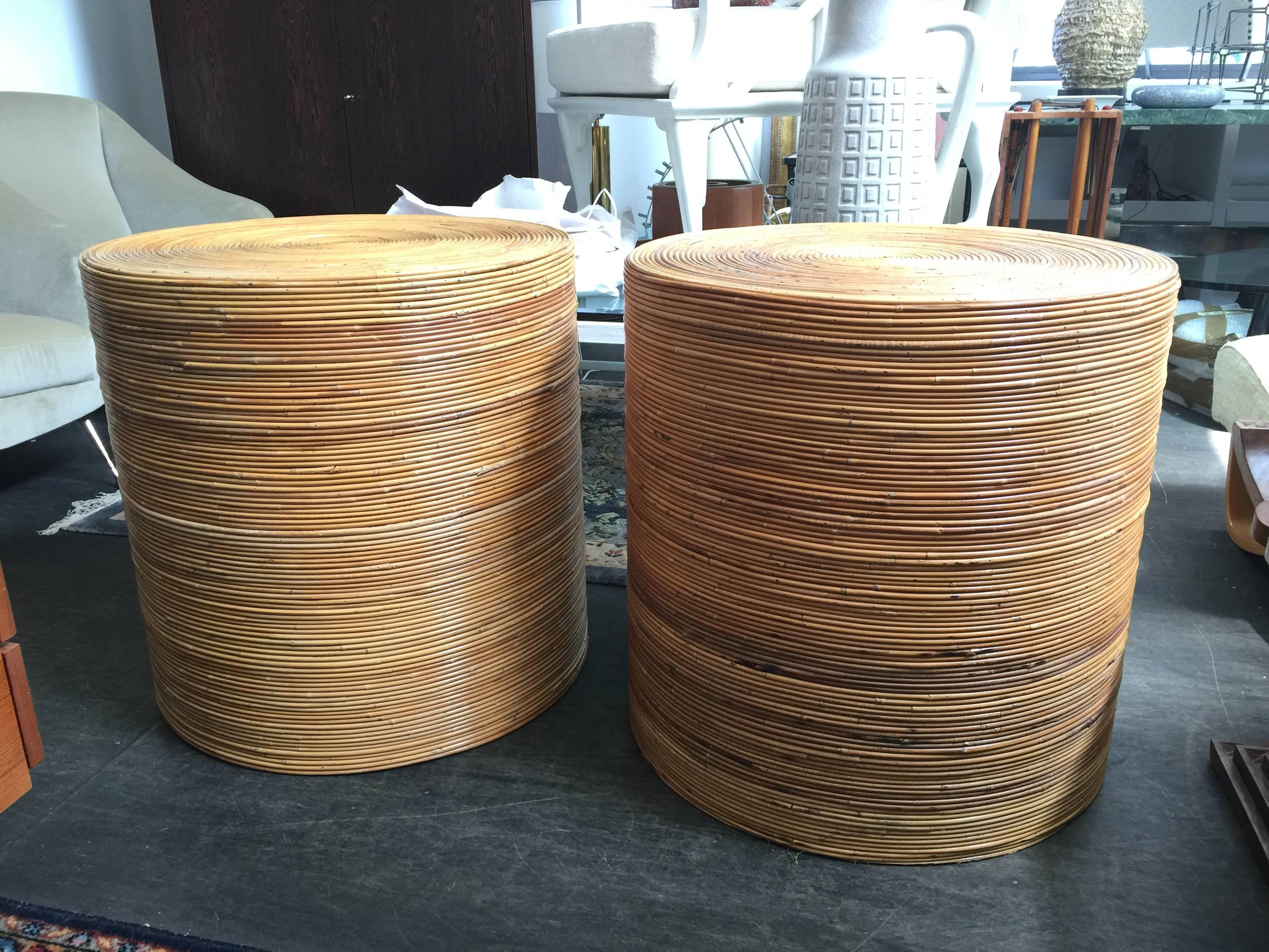 Cylindrical Pair of Pencil Reed Bamboo Rattan Drum Tables In Excellent Condition In East Hampton, NY