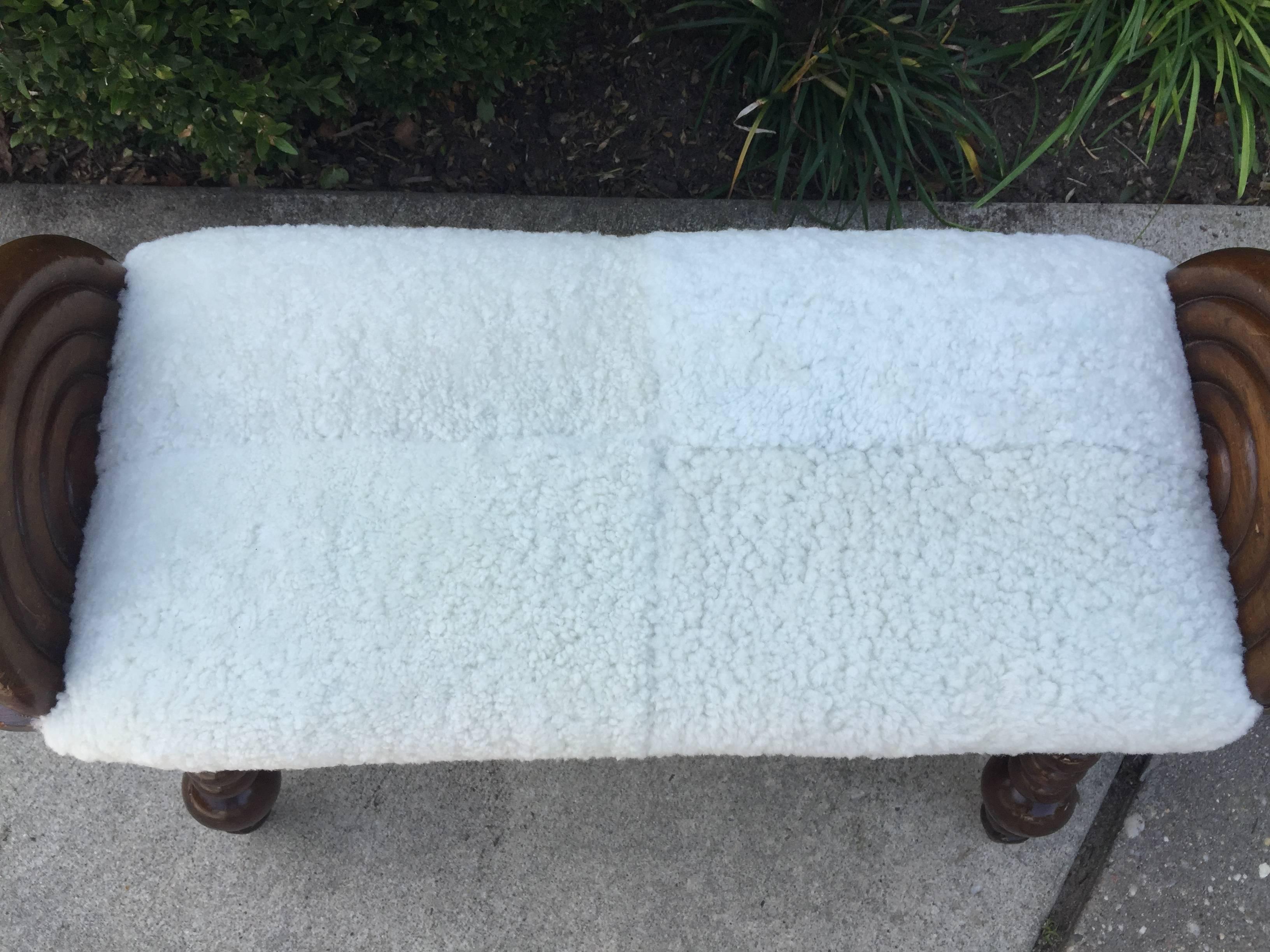 English Bobbin Turned Shearling Upholstered Bench In Excellent Condition In East Hampton, NY