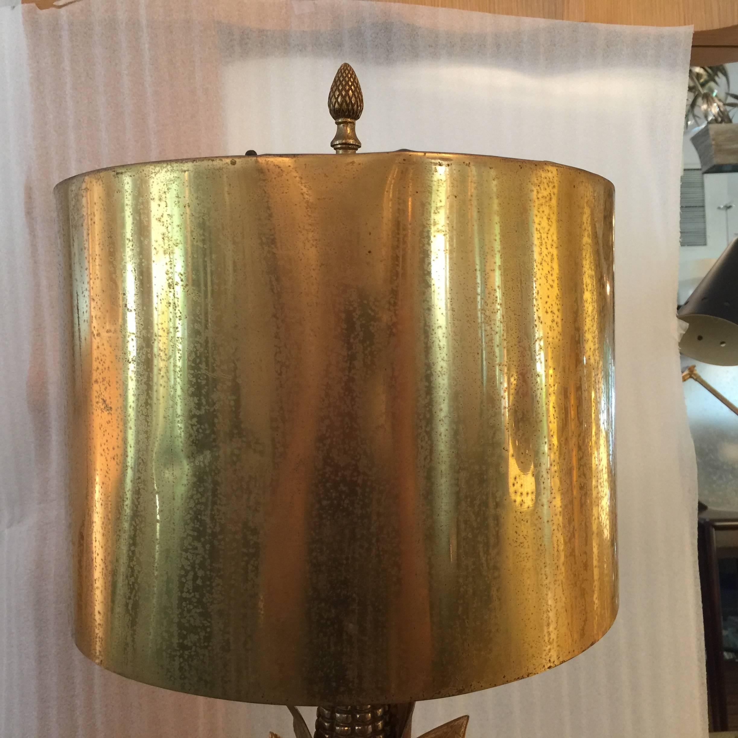 Brass Signed Maison Charles Vintage Table Lamp and Shade For Sale