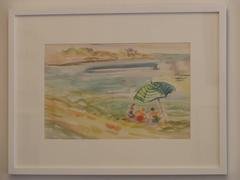 Mid-Century Watercolor of Beach Scene with Bathers and Beach Umbrella