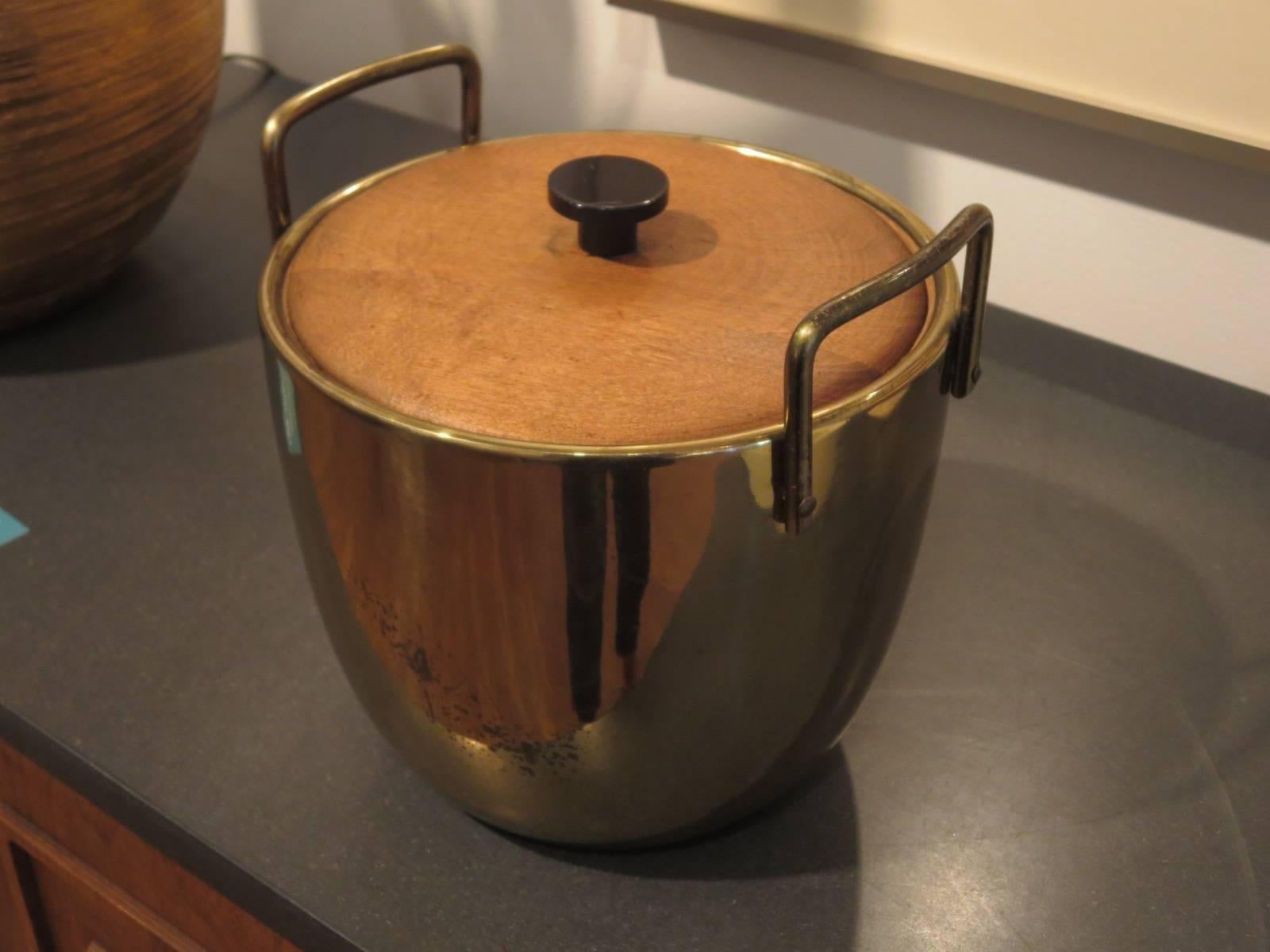Two handled wood and brass ice bucket by Ben Seibel.