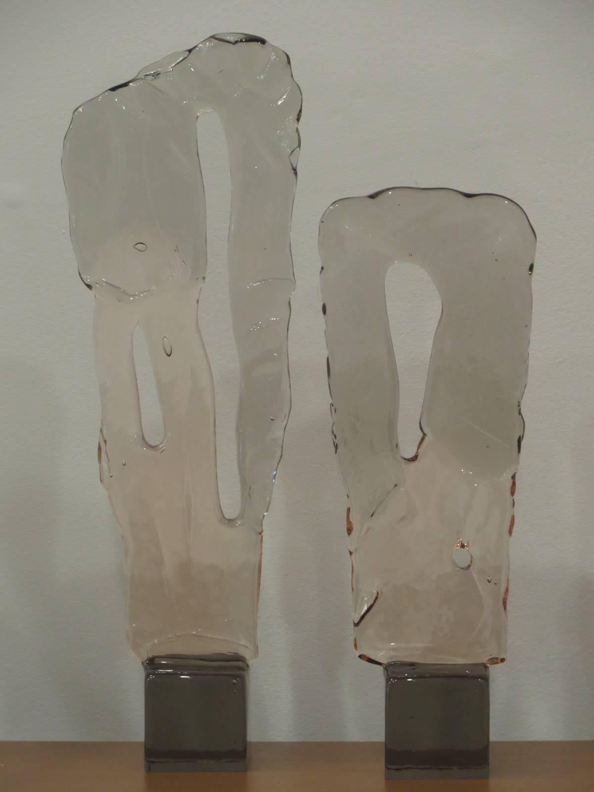 Pair of tall Murano glass sculptures signed L. Gaspari. Square base is Smokey gray graduating to pink and clear gray at the top.