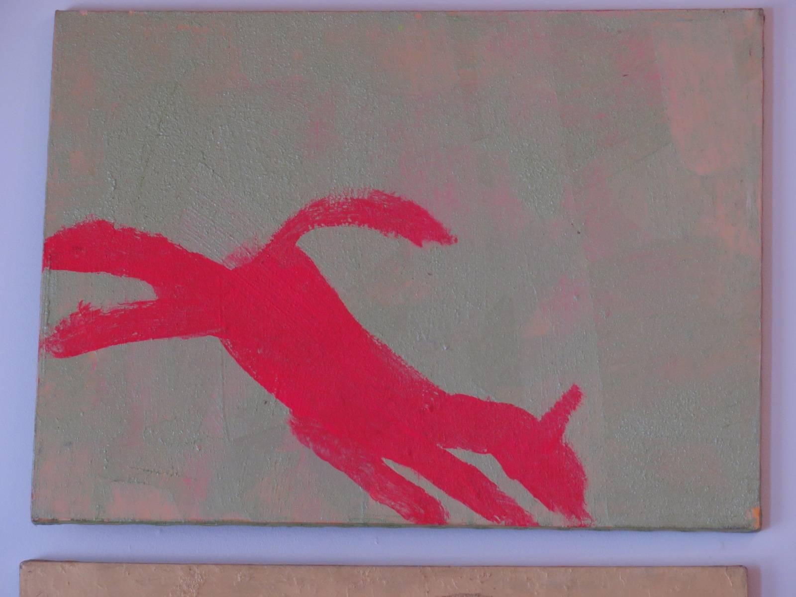 Acrylic on canvas by Peter Mayer, circa 1990. Abstract Expressionist painting of dog in red and green. The artist was well known on the New York City graffiti scene for his paintings of dogs spray painted on buildings in lower Manhattan. Stamped