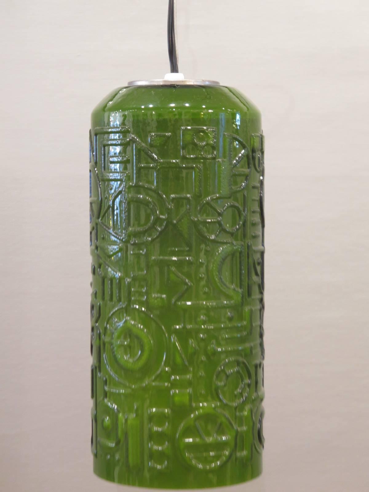 Late 20th Century Swedish Green Cased Glass Hanging Light Fixture - Three Available For Sale