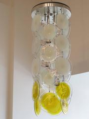 Vistosi Murano Chandelier with White Iridescent and Yellow Discs