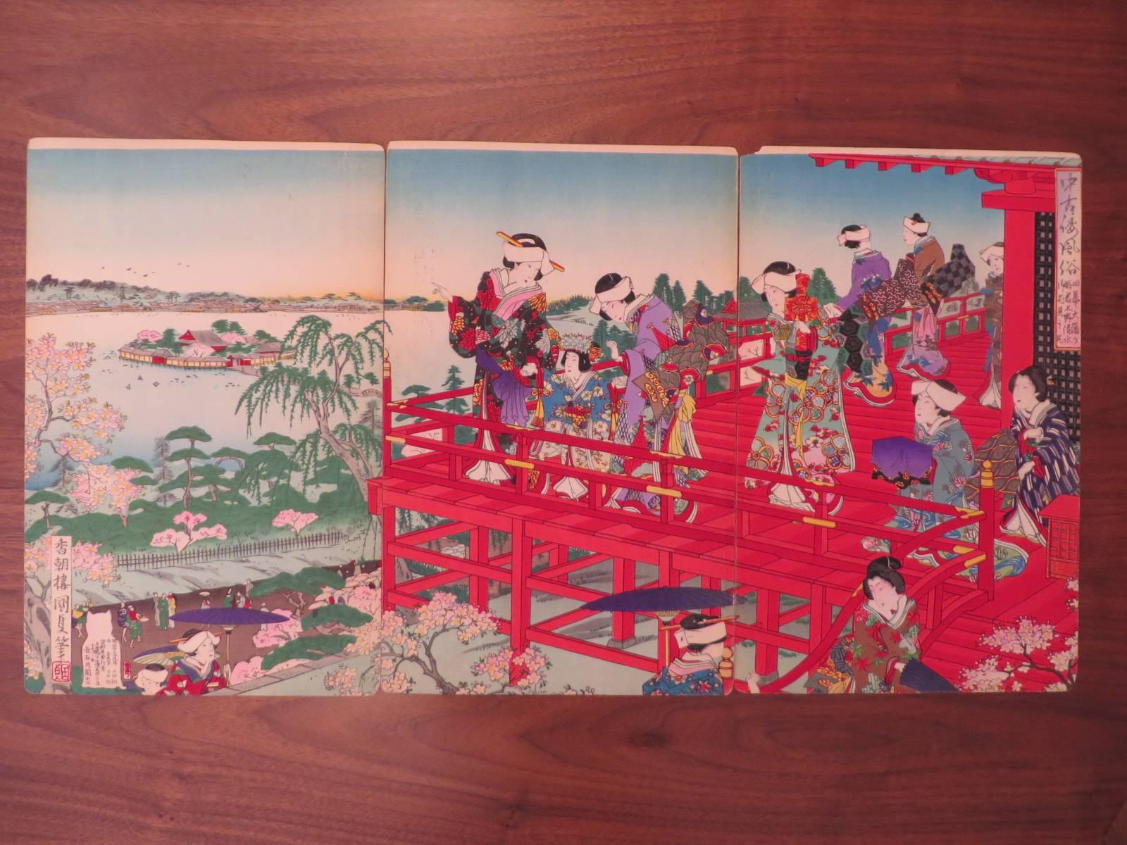 Collection of eight triptychs plus the front and back of the book where they were collected. Their colors are still wonderful, but some of the margins, as very often  it happens with Japanese prints, have some loss...