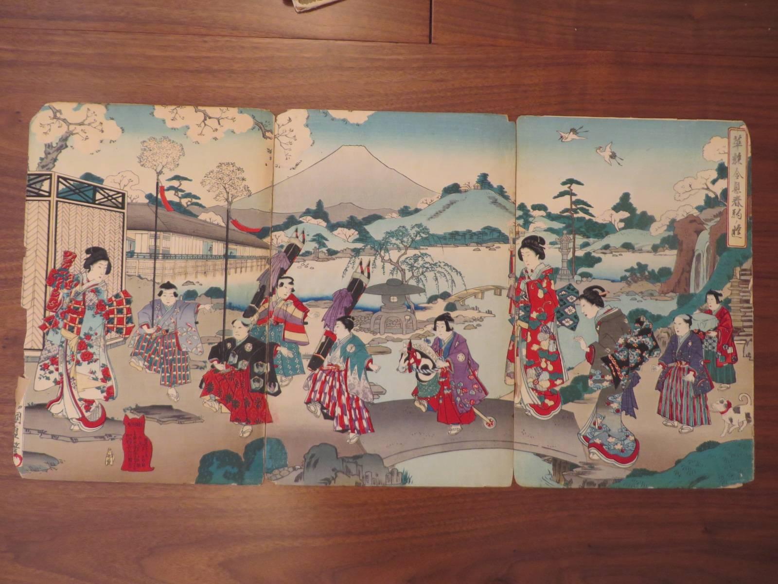 Collection of Eight Colored Woodblock Triptychs by Toyohara Chikanobu In Good Condition In Tarrytown, NY