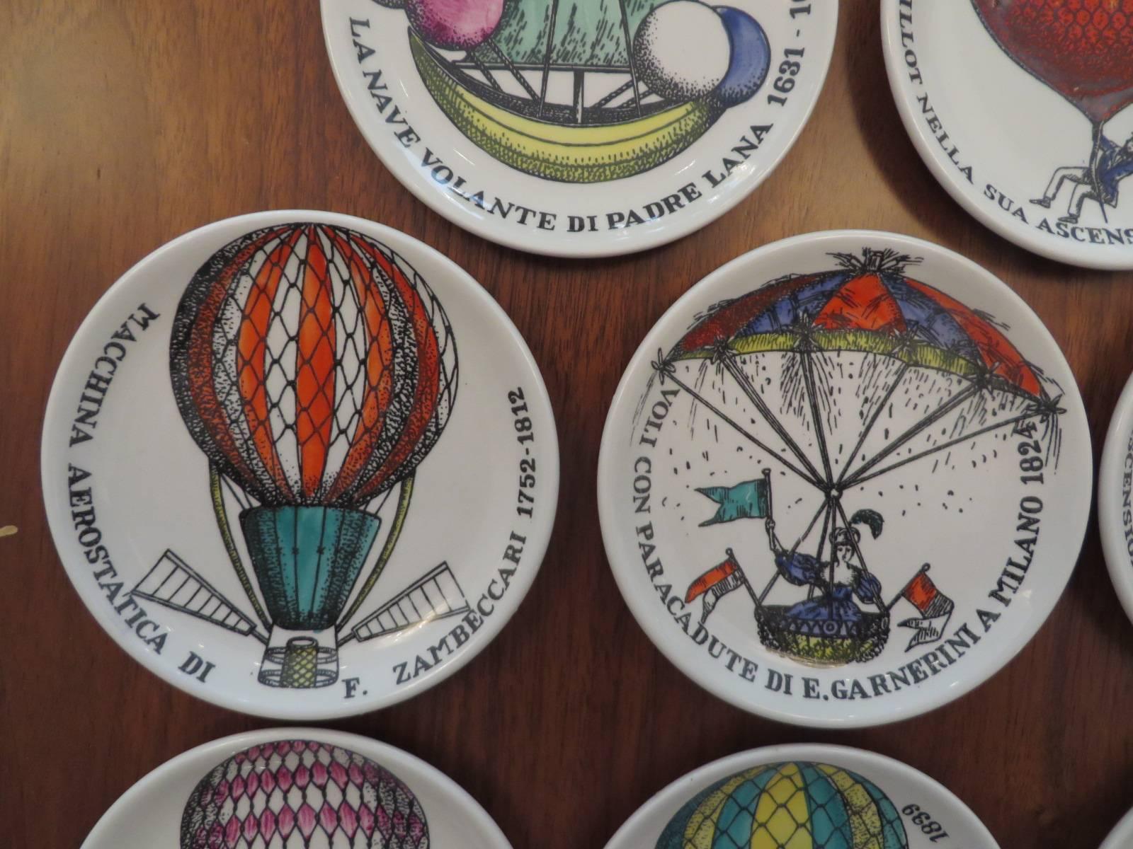Italian Set of Eight Colored Hot Air Balloon Motif Coasters by Piero Fornasetti For Sale